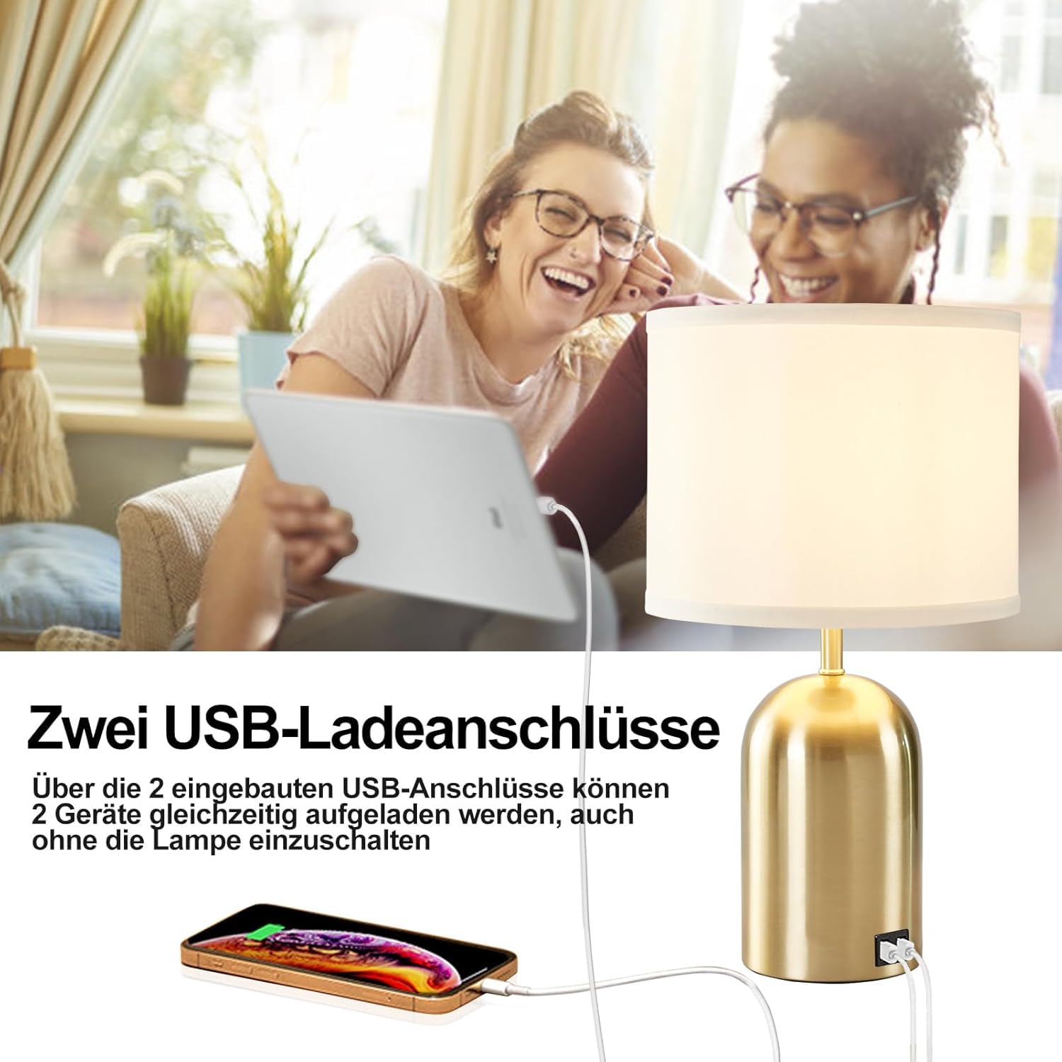 GyroVu Moderne Nachttischlampe mit USB-Port & Touch-Control & 3-Stufen Dimmbar, Stoffschirm & Goldfarbener Fuß für Schlafzimmer, Wohnzimmer und Home Office