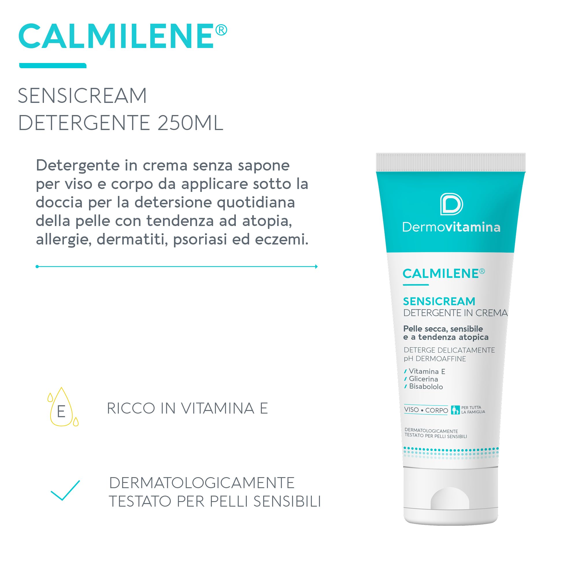 Dermovitamina Calmilene Sensicream Detergente - Detergente Viso e Corpo - Senza Sapone - Per Pelle Secca, Sensibile con Tendenza Atopica, Dermatiti, Psoriasi - Con Vitamina E e Calmilene - 250 ml
