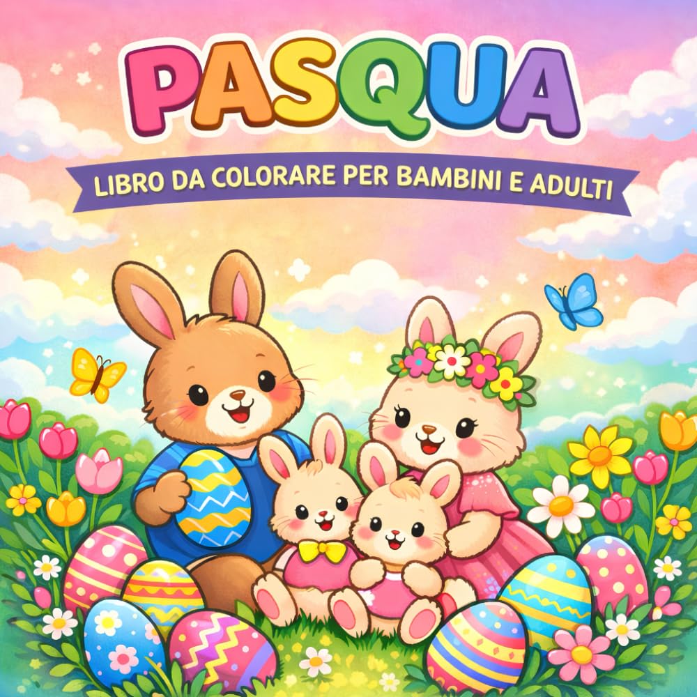 Pasqua Libro da Colorare per Bambini e Adulti: Pagine di Colorazione Rilassanti per Tutta la Famiglia - Illustrazioni Facili e Dettagliate di Conigli, Pulcini, Uova Ornamentali per Celebrare la Pasqua