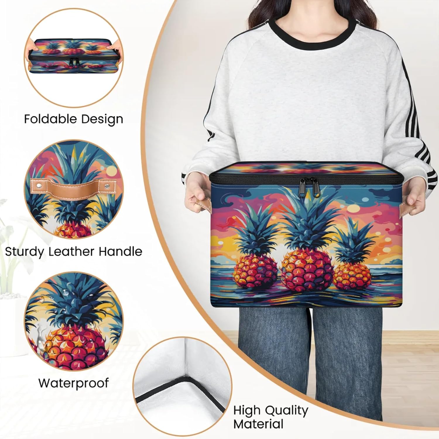 Storage Bin Set of 2 Abstract Pineapple Storage Basket with Zipper Lid & Handle Foldable Closet Shelf 2 Pack Cloth Organizer Basket Cube Bins Clothes Organizer for Nursery, Bedroom
