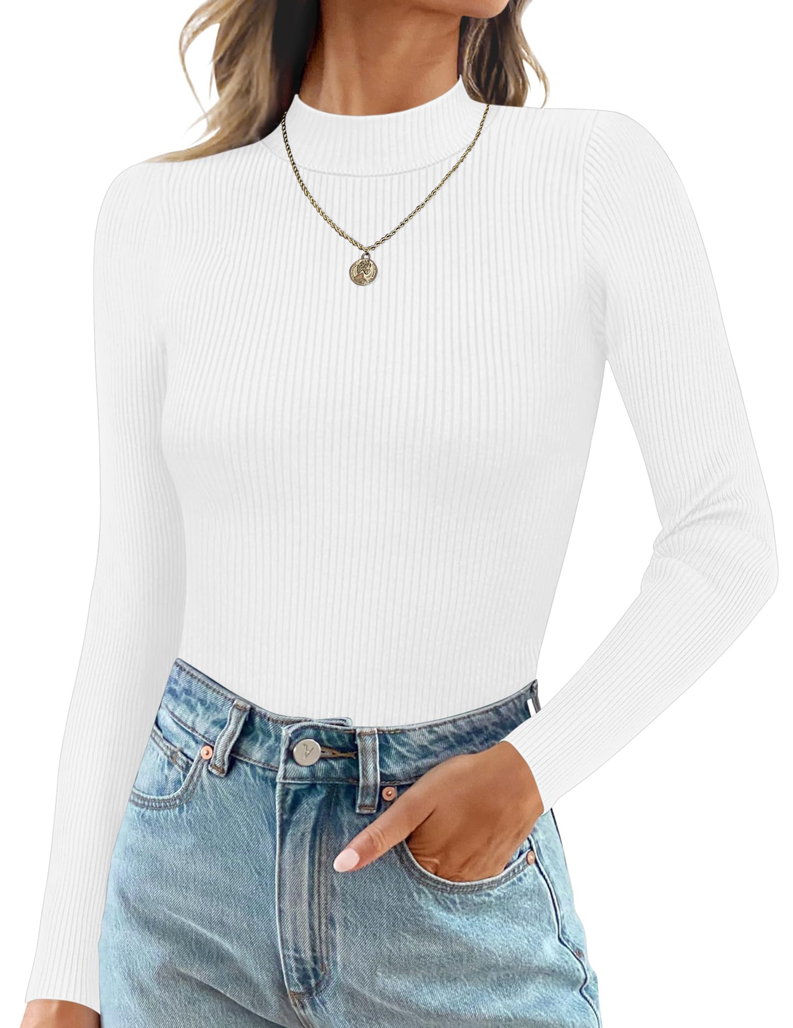Ekouaer Mock Turtle Necks Tops for Women Long Sleeve Ribbed Shirts Thermal Slim Fit Lightweight Undershirts S-XXL