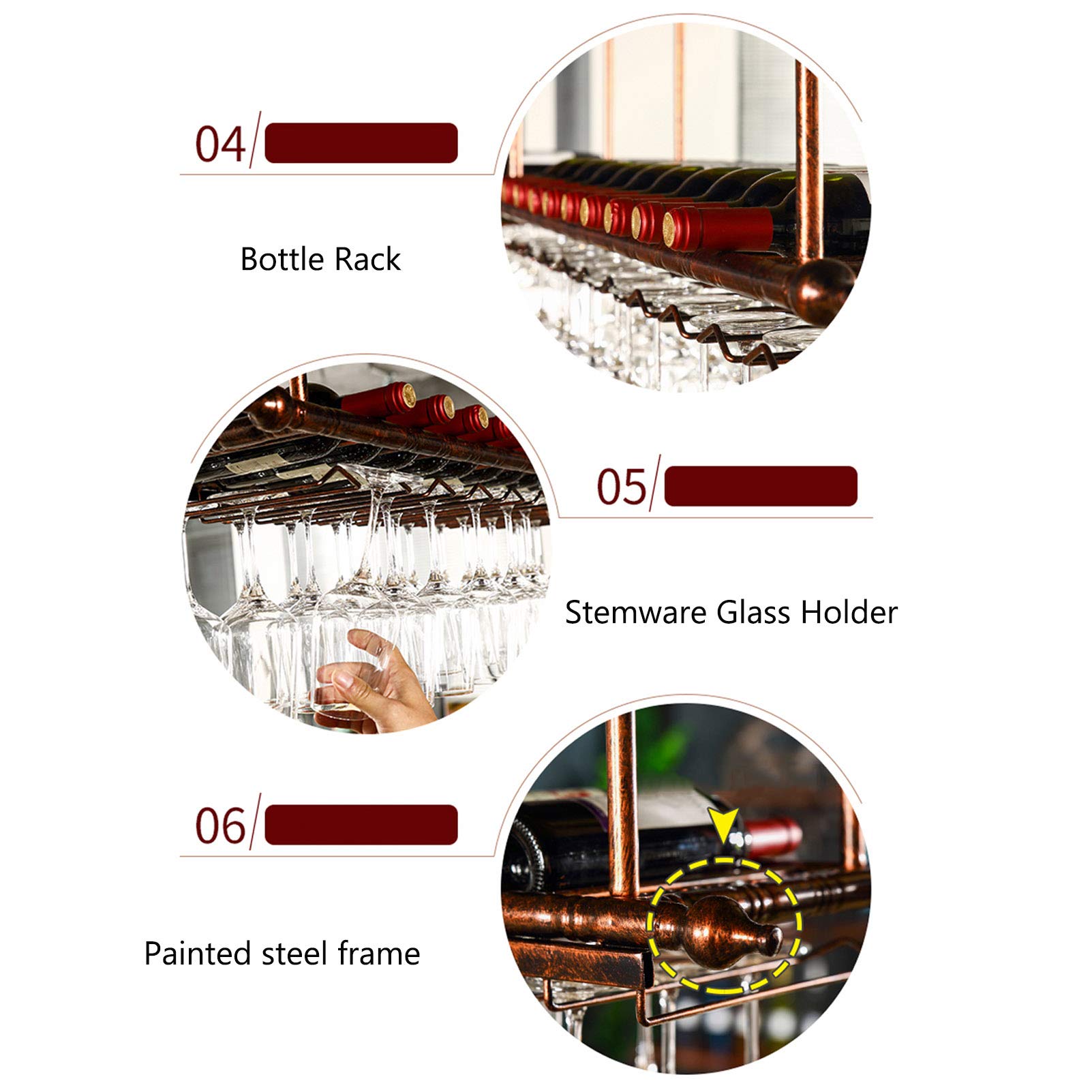 Portabottiglie da Parete - Portabottiglie da Appendere al soffitto Portabottiglie in Vetro per Champagne Calici Accessori per Bar, Regolabile in Altezza (Nero/Bronzo, 120cmL)