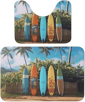 Surf's Up Surfboard Bath Rug Mat 2 Piece Set 15.7"x23.6" Super Absorbent Bathroom Rugs with U Shaped Contour Bathroom Mat Washable Bath Mats, Non-Slip Backing for Toilet Rug