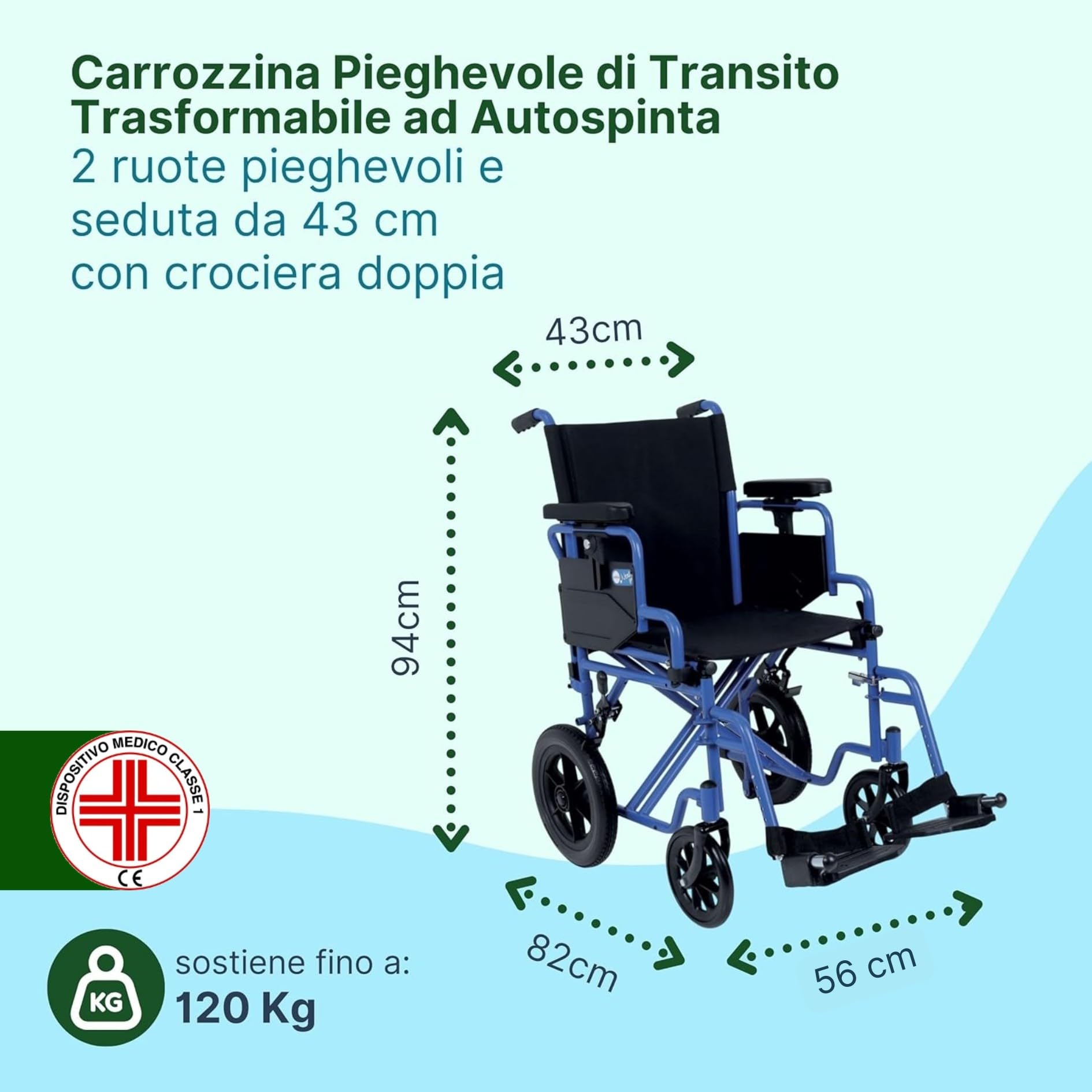 Sedia a Rotelle Pieghevole Leggera da Transito, 43 cm, Blu | Carrozzina per Disabili Predisposta per Autospinta, Crociera Doppia, Ruote a Sgancio Rapido, Braccioli Regolabili in Altezza