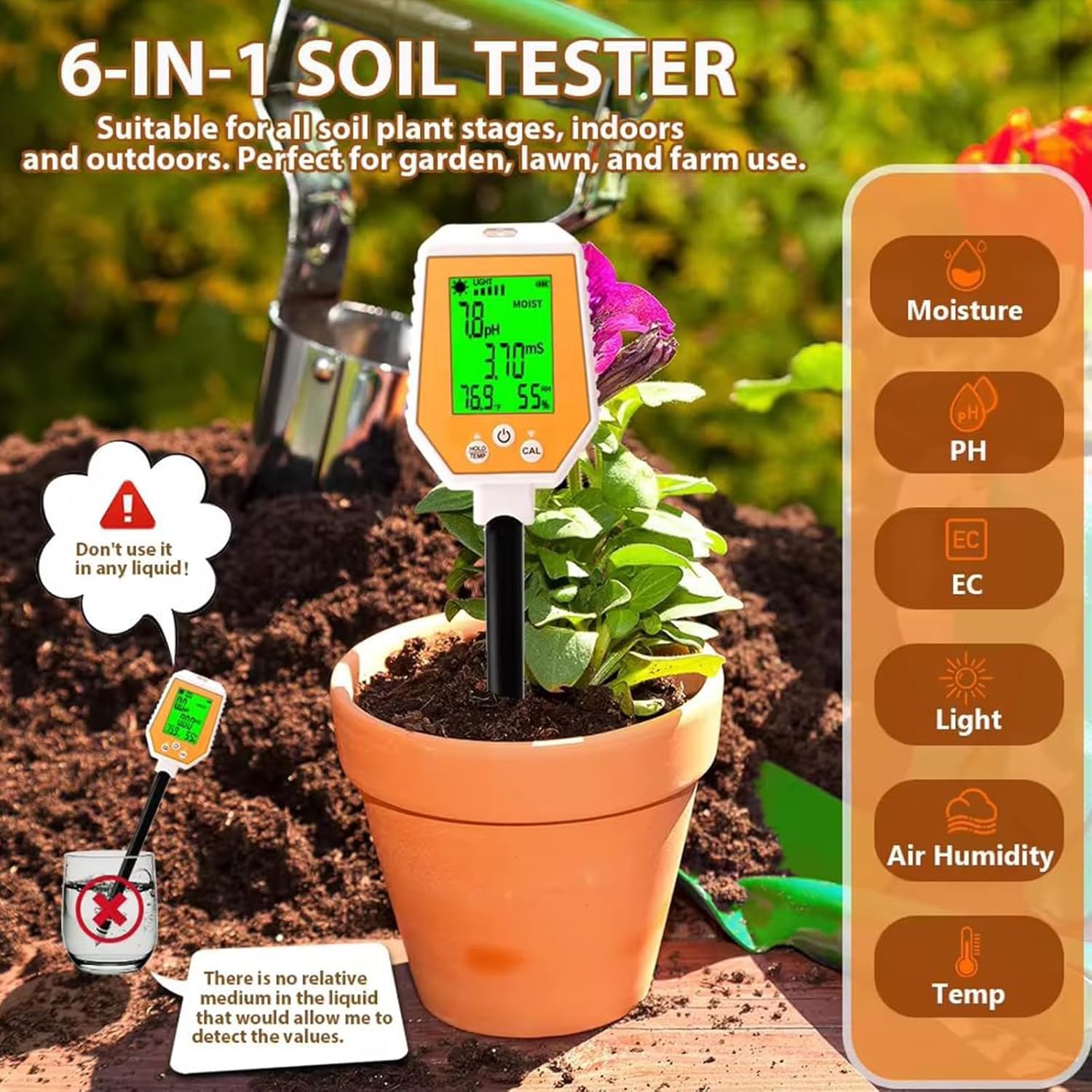 Medidor de suelo for plantas, medidor digital de humedad del suelo con medidor de pH/CE/luz/temperatura/humedad del aire, medidor de pH de conductividad del suelo de alta precisión for plantas