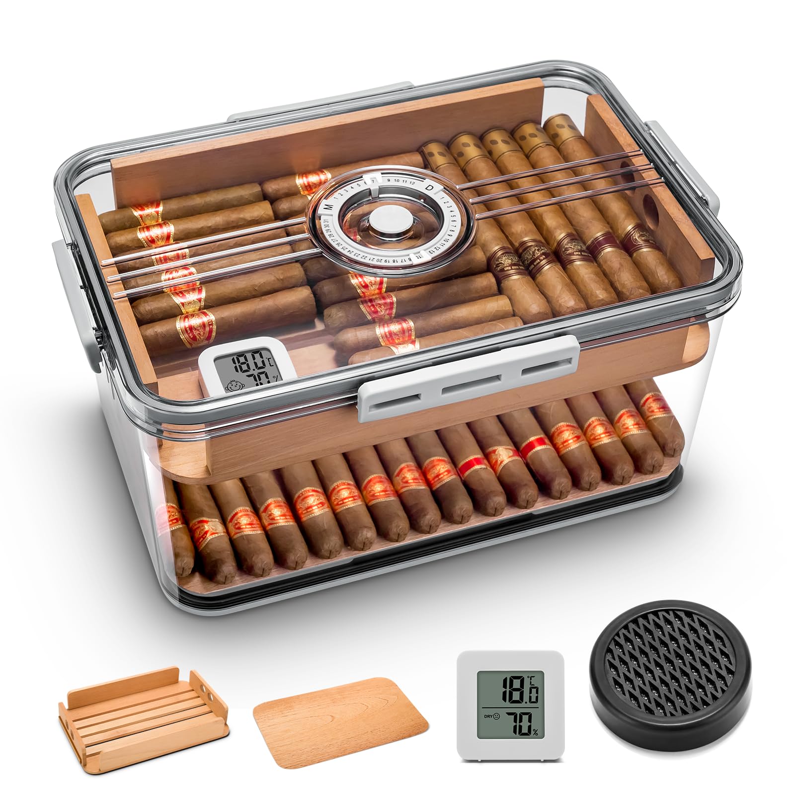 WENCILI Acrylic Transparent Cigar Humidor Case, Desktop Portable Storage Cigar Box Holds 90-100 Cigars with Hygrometer, Humidifier and Spanish Cedar Wood Shelf, Gift for Man(Large)