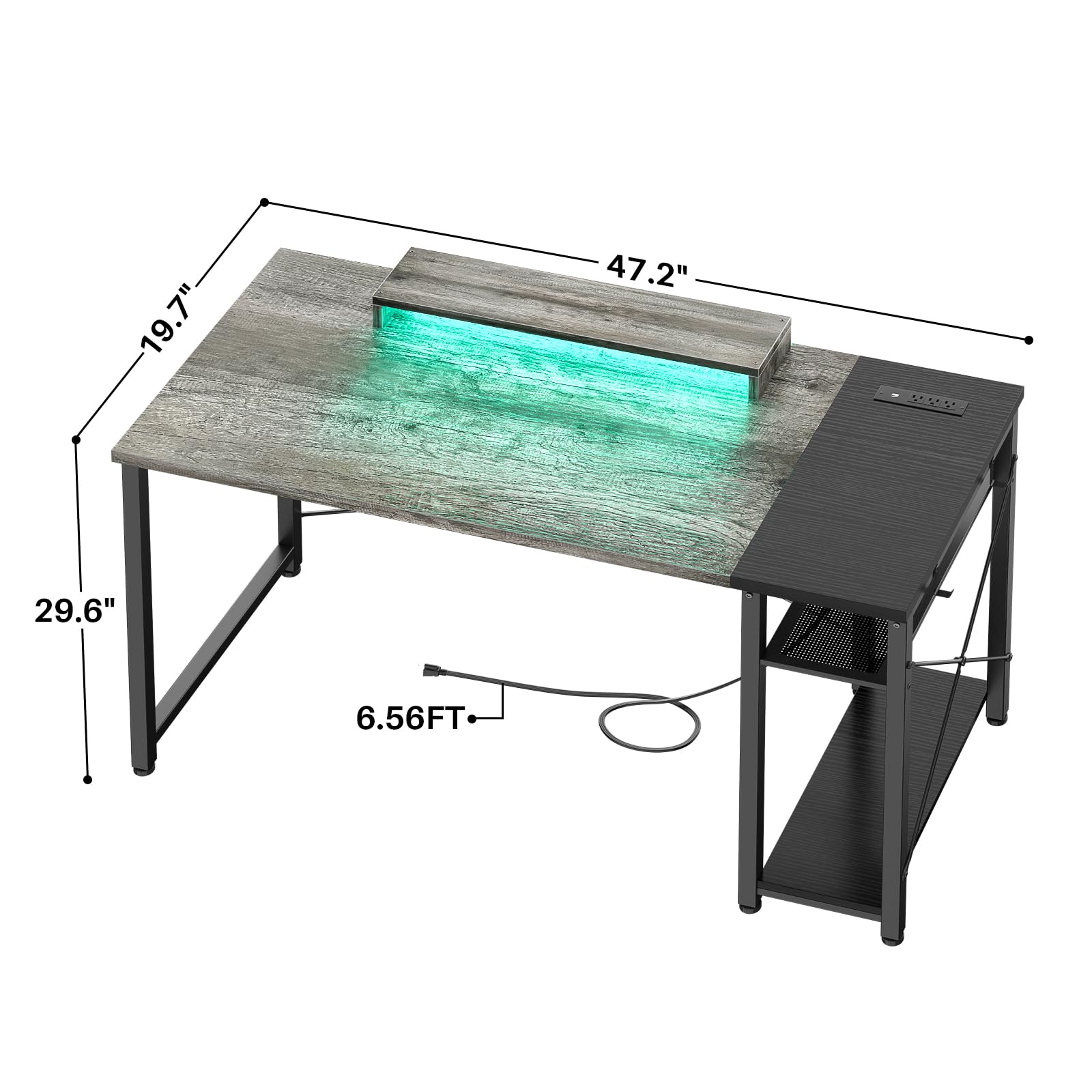 iSunirm 48 Gaming Desk with LED Light, 48'' Computer Desk with Charging Station, Home Office Desk with Monitor Stand, Power Outlet and USB, LED Light and Storage, Gamer Desk PC Table, Grey