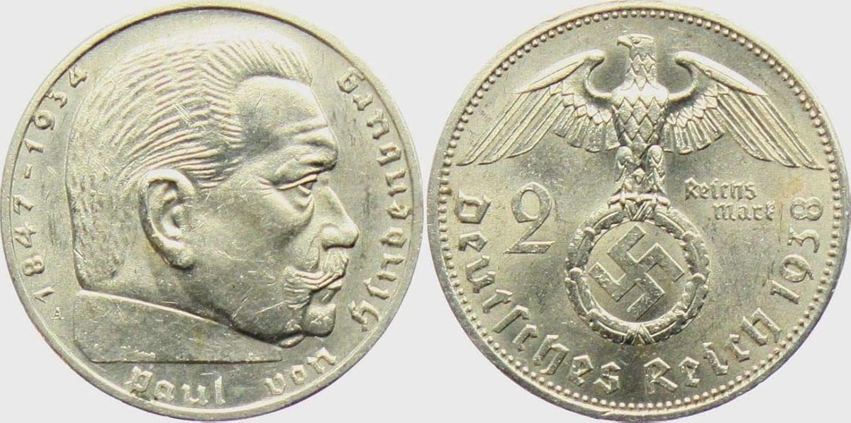 1936-1939 (año aleatorio) Plata Alemania Nazi Alemán 2 Reichsmark Moneda Vendedora Circulada