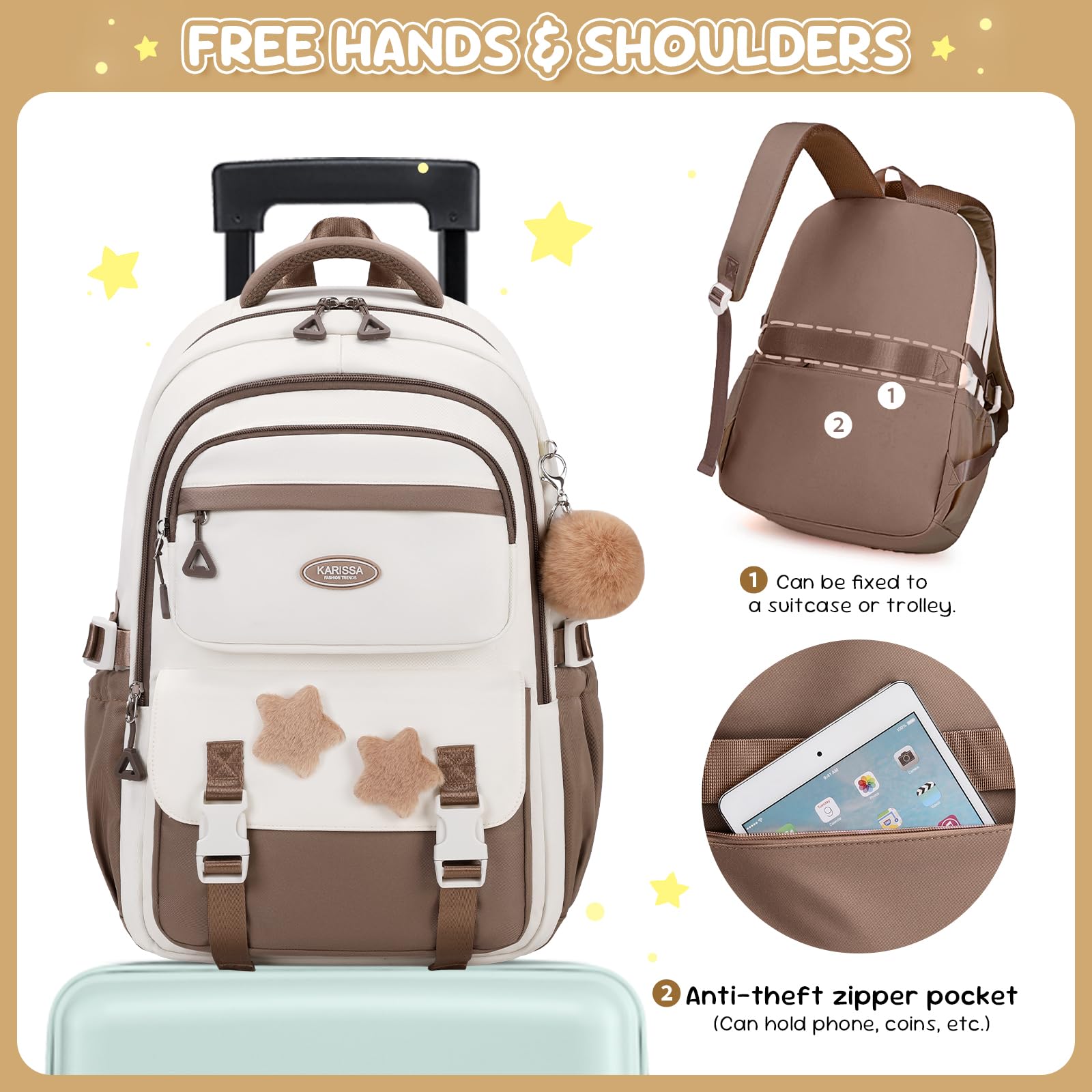 Amythe Schulrucksack Mädchen, Leichter Schulranzen 3.-5. Klasse, Braun | Großer Kinderrucksack mit Pom-Pom-Anhänger und Sternenabzeichen, Lässiger Rucksack für Teenager mit Trolleyband, Schulstart