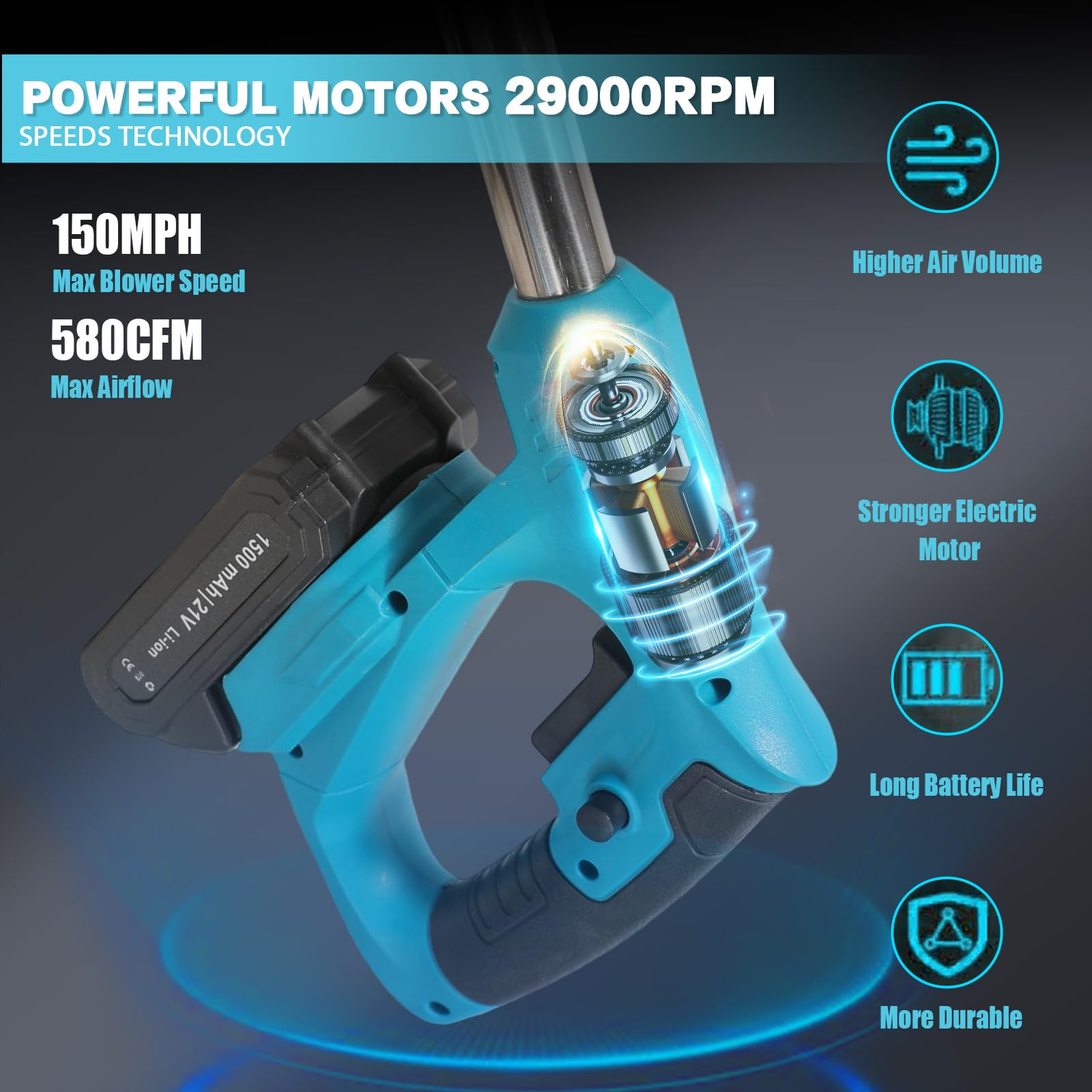 Soplador de hojas de 21 V con batería y cargador, velocidad de aire de 38000 r/min, motor sin escobillas, diseño plegable para jardín/carretera, ligero y compacto, burbujas de hojas, nieve y suciedad