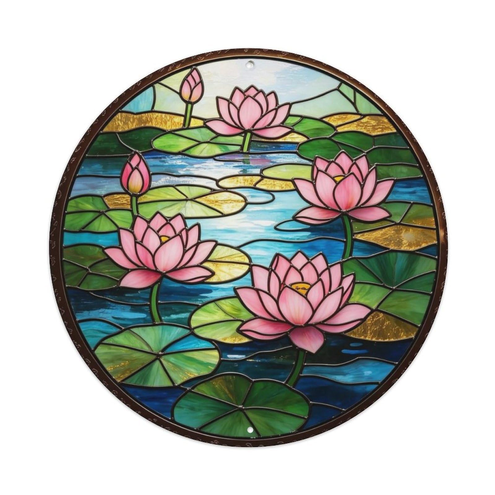 Water Lily Pond Pink Lotus Stained Glass Metal Tin Sign Plaque