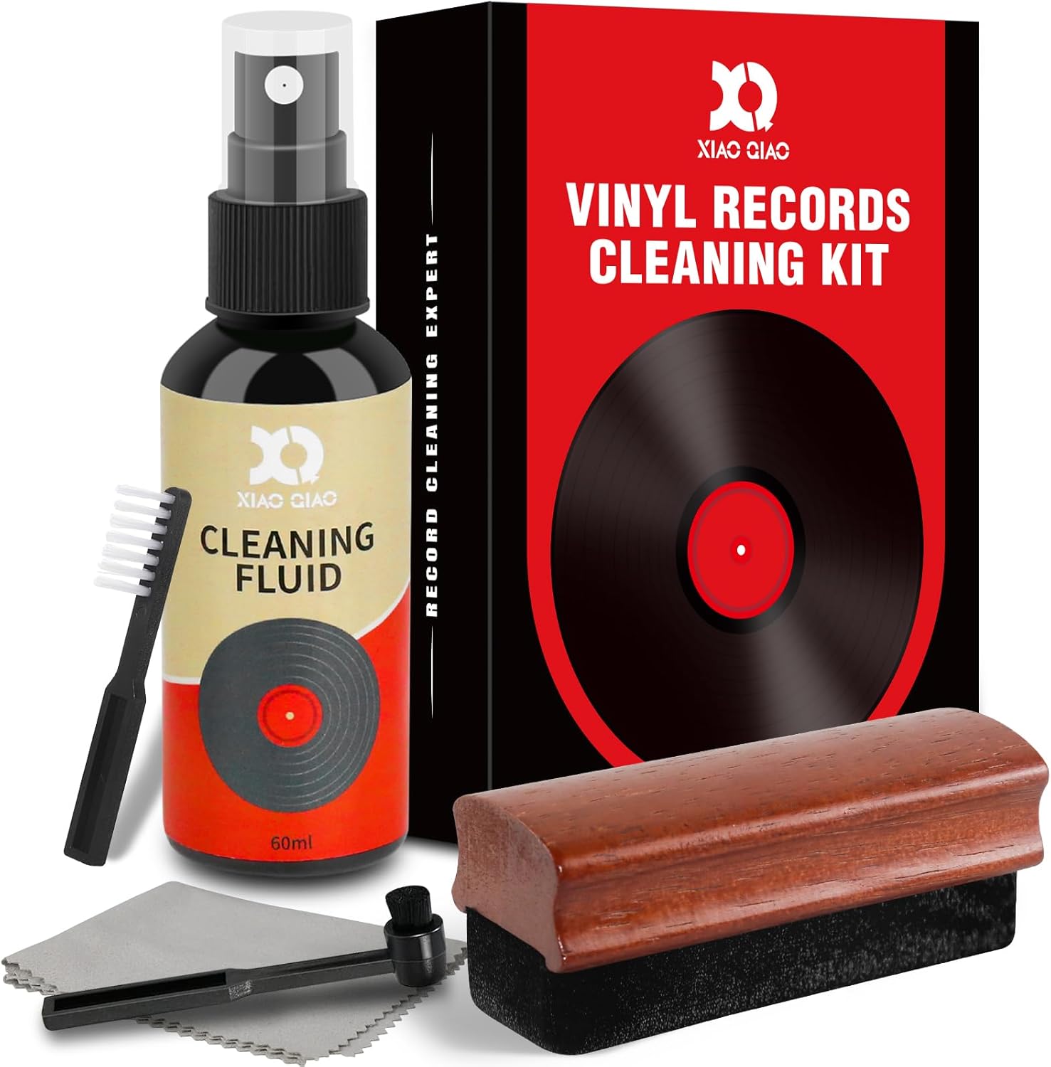 Vinyl Record Cleaner Kit - 6-in-1 Vinyl Records Cleaning Kit Includes Soft Velvet Record Brush, Cleaning Liquid, Stylus Brush, Cleaning Brush, Cleaning Cloth and Storage Bag