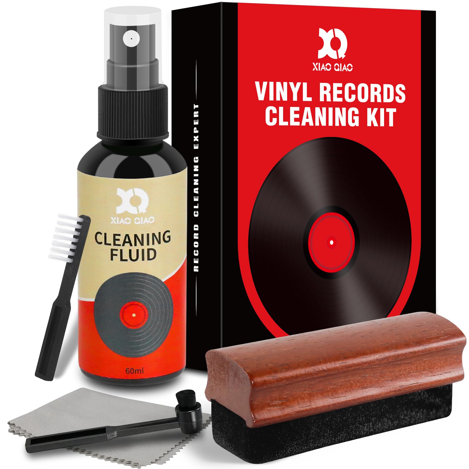 XQ XIAO QIAO Kit de limpieza de discos de vinilo 6 en 1, incluye cepillo de terciopelo suave, líquido de limpieza, cepillo para lápiz capacitivo, cepillo de limpieza, paño de limpieza y bolsa de