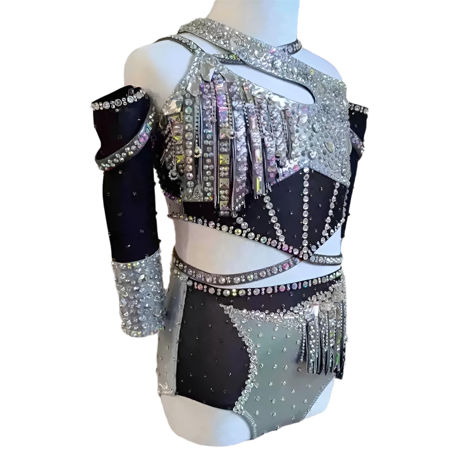 Dziewczęcy Kobiety Błyszczący Rhinestone Fringe Liryczny Kostium Taneczny Off Shoulder Wycięcie Strój Jazzowy Do Występów Na Zawodach