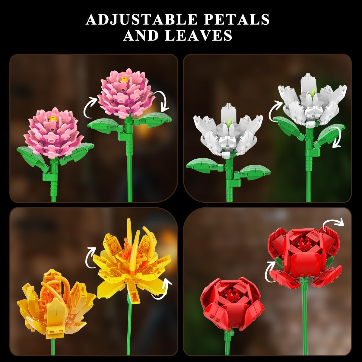 Flower Bouquet Building Set, Valentines Day Botanical Collection Building Block Toy 1464 PCS, 18 Flowers Rose Sunflower Home Plant Decor, Birthday Gifts for Adults Women Boys Girls 8-12+