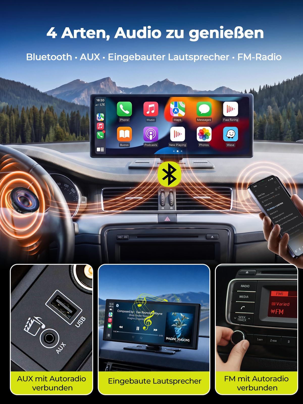 LAMTTO 10.25" CarPlay Display Android Auto mit Dashcam Auto 2.5K+1080P