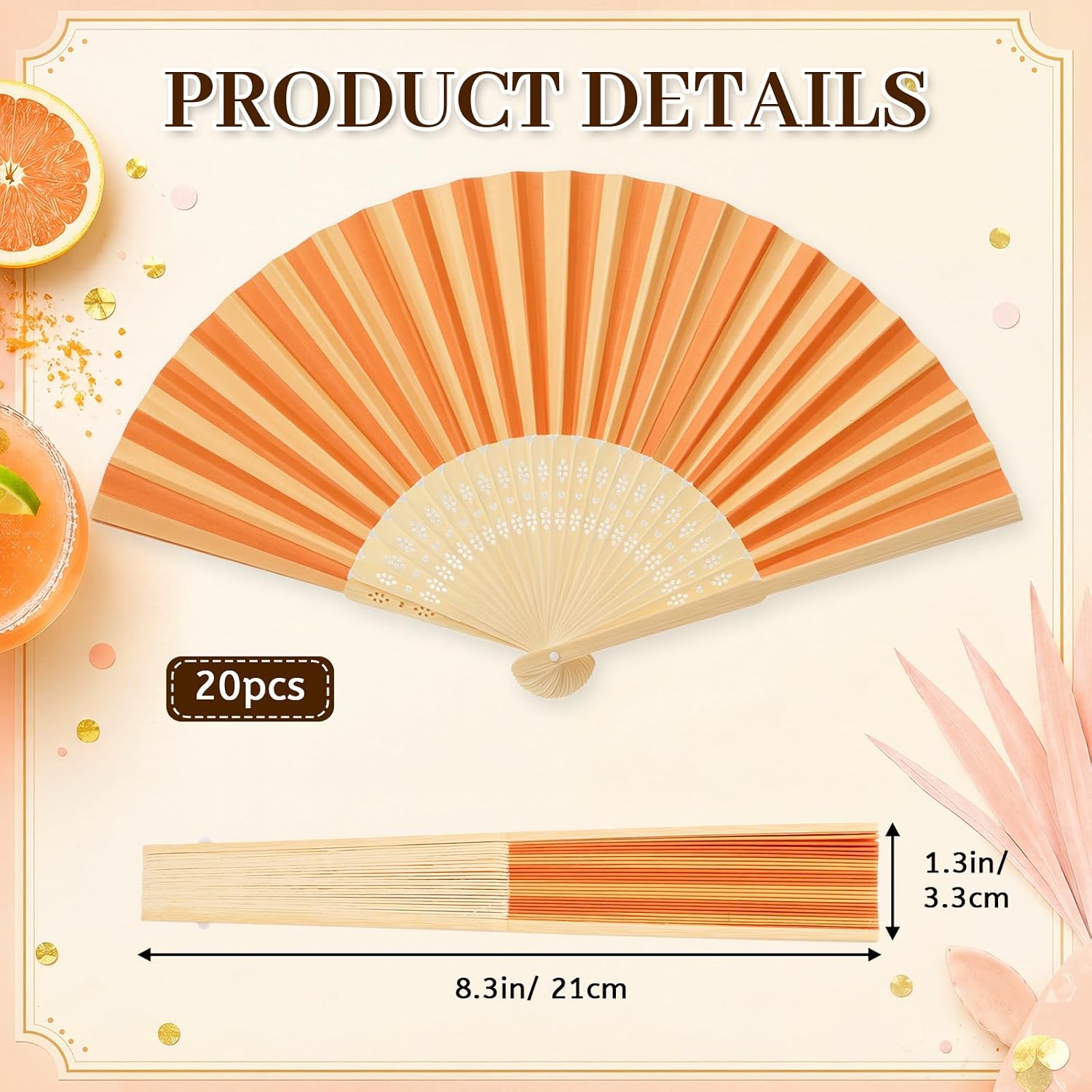 Novabright 20 Pcs Orange & Beige Striped Folding Hand Fans
