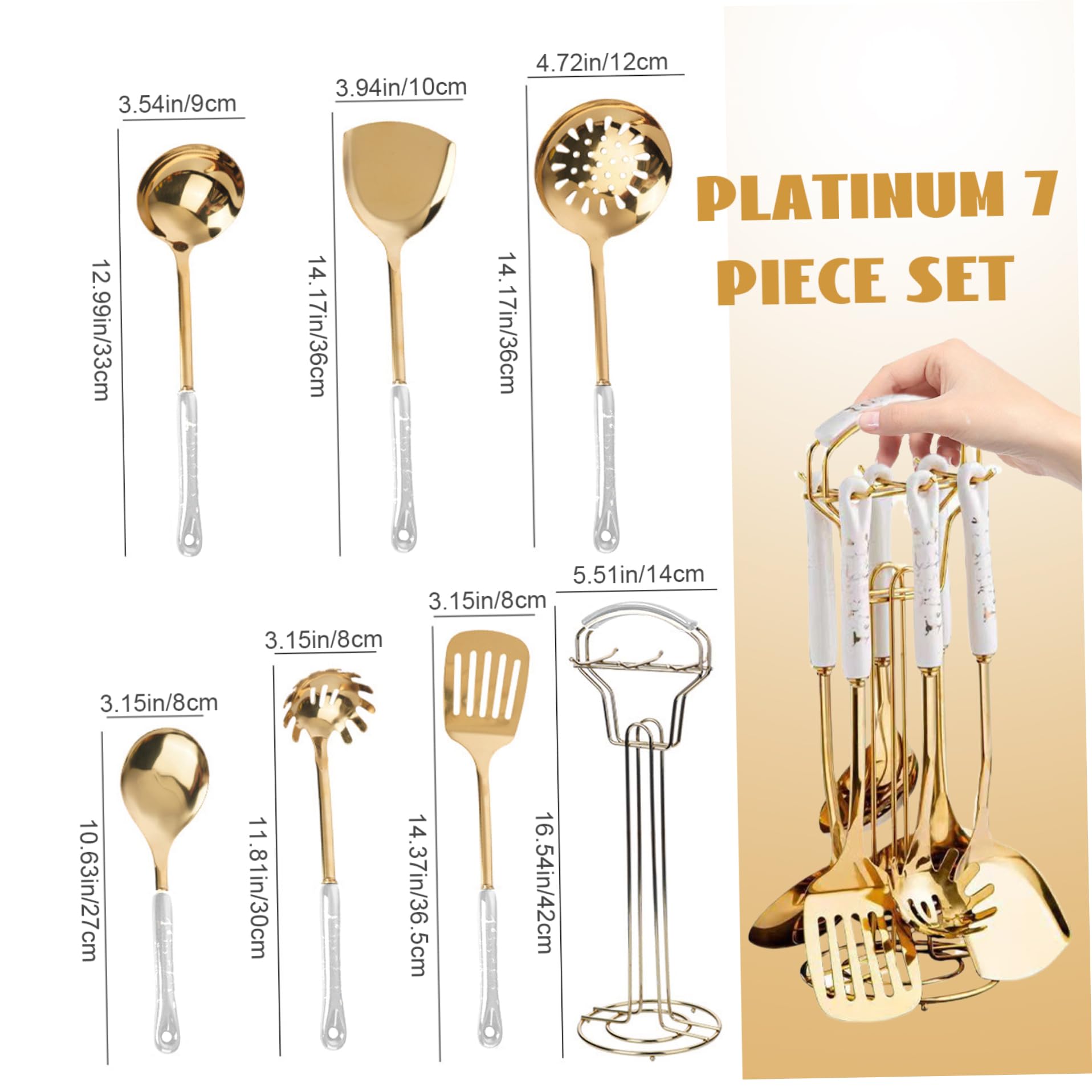 Juego de 7 Utensilios de Cocina de Acero Inoxidable, Utensilios Dorados con Soporte, Apto para lavavajillas, de Cocina de Metal para Colgar Que Incluyen espátula, cucharón y Cuchara par
