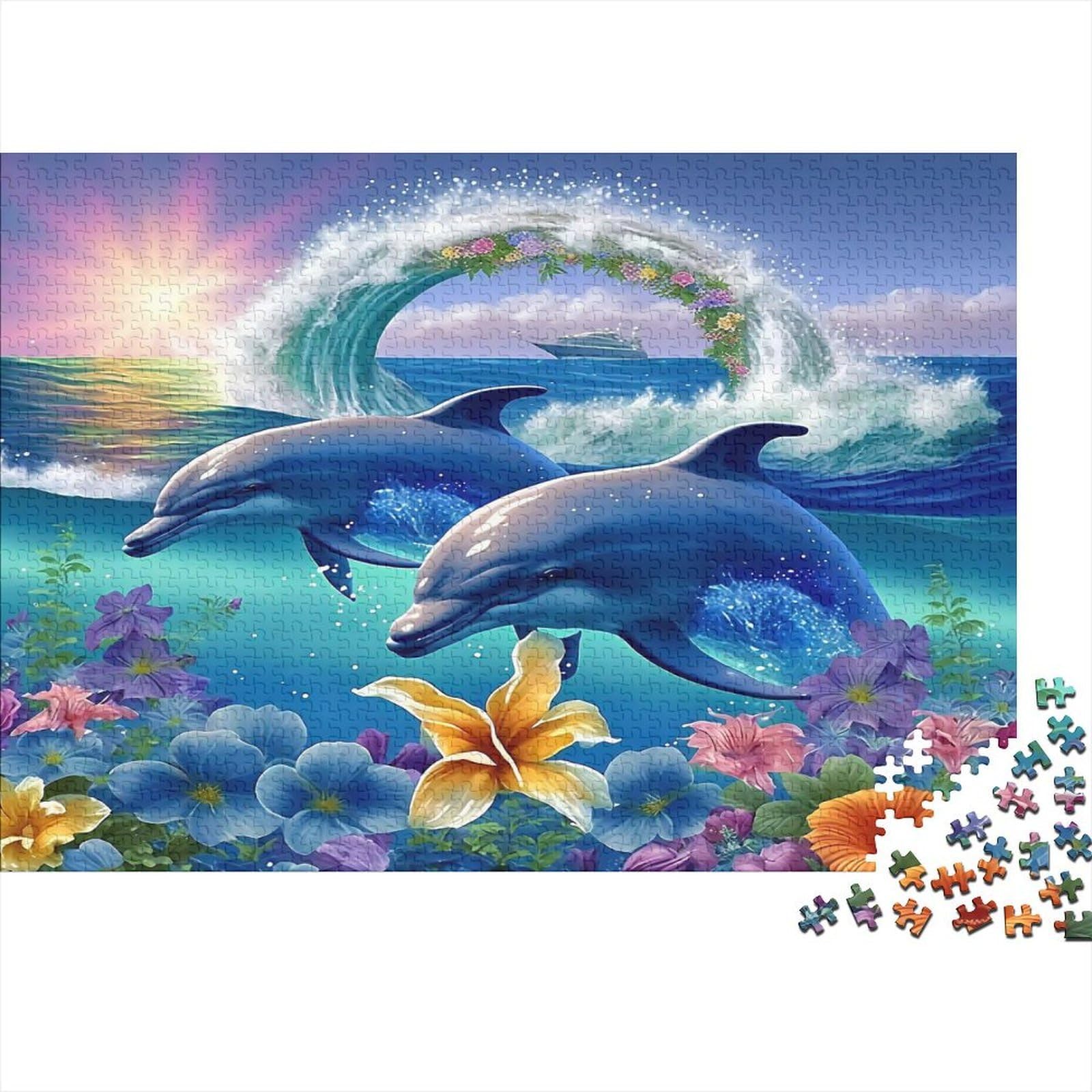 Three Ornate Dolphins Swimming in A Colorful Ocean Jigsaw Puzzles Puzzle for Adults Kids. 1000 Piece Whimsical Challenge Toy Educational Game Home Decoration for Adults& Kids Age 14 Years Up 70x50cm/