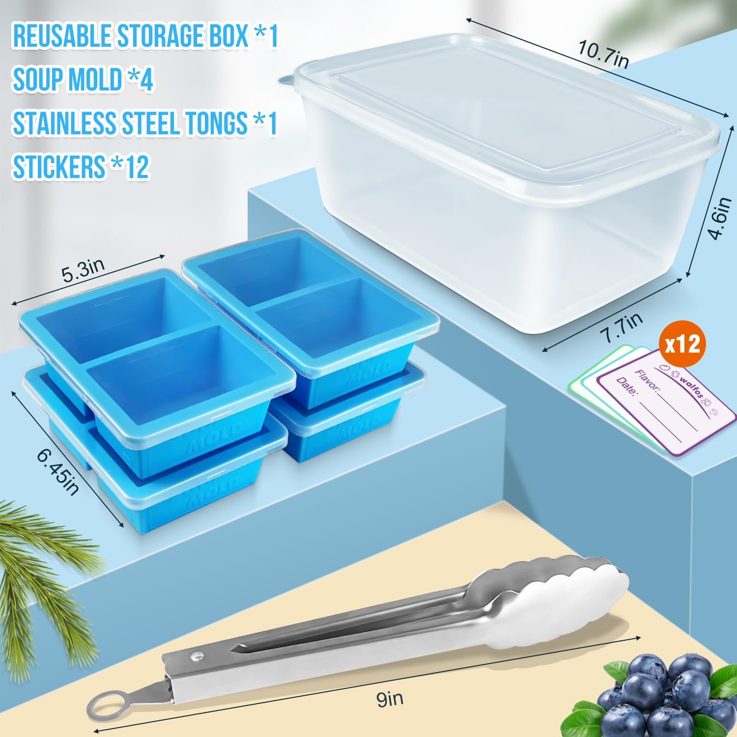 Walfos Silikon-Gefrierfach mit Deckel, Suppen-Gefrierformen, 4 Packungen, Behälter und Zange, BPA-freier Silikon-Gefrierbehälter, perfekt zum Aufbewahren und Einfrieren von Suppe, Brühe, Soße, mit 12