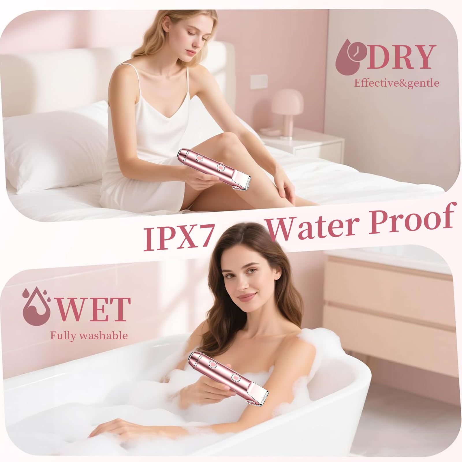 2 in 1 Rasoir Electrique Femme, Tondeuse Intime & Visage, Étanche IPX7 Humide/Sec, avec Écran LED et Lames Hypoallergéniques pour Zones Sensibles, Précise et Sans Irritation (Rose)