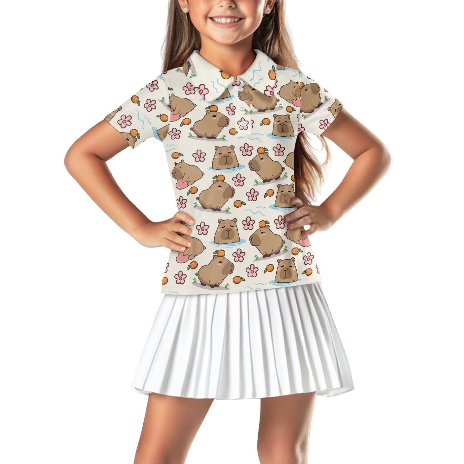 Girls Short Sleeve Golf Shirt 3 Button Up Lapel Collar Tennis Shirts Quick Dry Uniform Athletic Tank Tops for 5-14Y