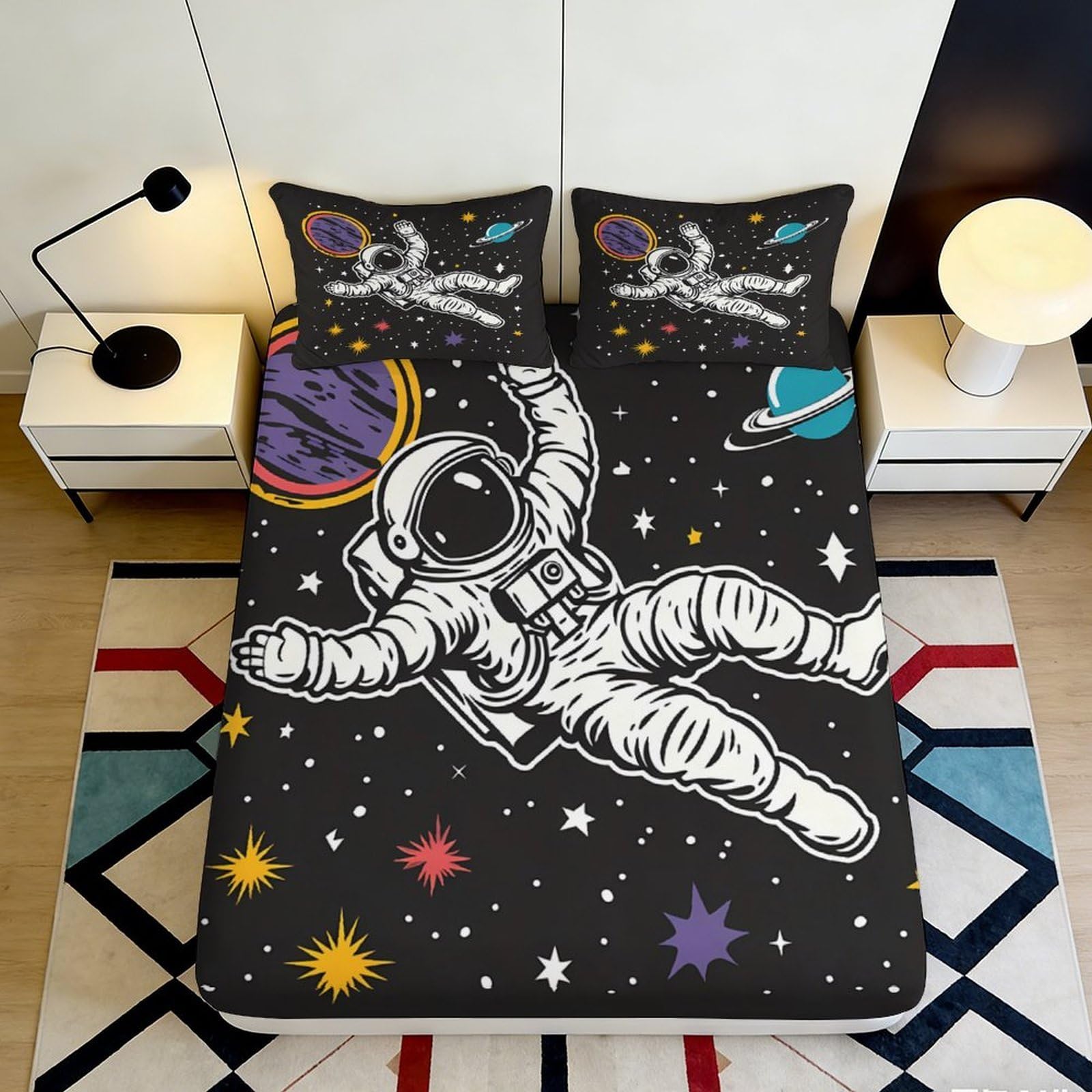 3D Printed Astronaut Fitted Sheet Microfiber Deep Pocket Elastic Hem Space Bedroom Bedding Astronaut Mattress Fitted Cover 180x200x25cm
