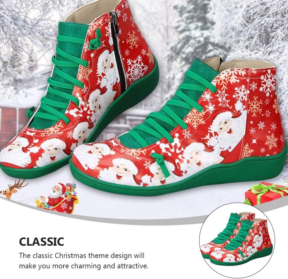 Generic Christmas Santa Claus Shoes Round Toe Lace- Up Side Zipper Xmas Printed Short Boots Santa Costume Accessory for Women Men, Green, 8.5 - Image 2