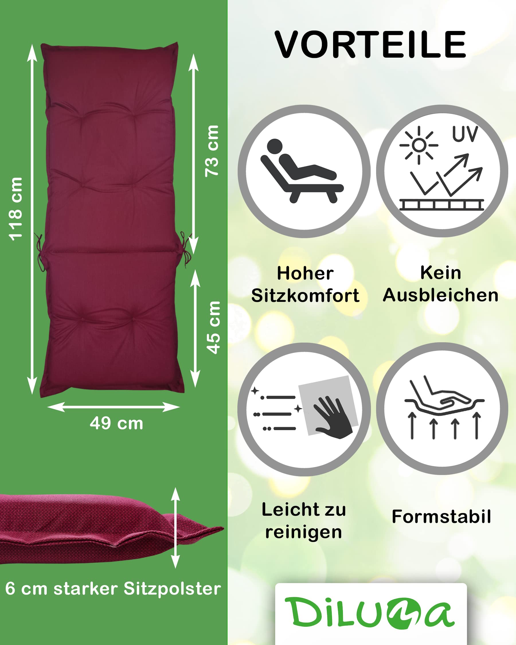 DILUMA Hochlehner Auflage Naxos für Gartenstühle 4er Set 118x49 cm Blume Schwarz - 6 cm Starke Premium Stuhlauflage mit Komfortschaumkern - Sitzauflage Made in EU