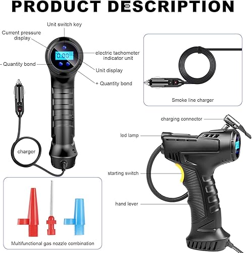 Miniatura 8 de Compresor de aire para coche, encendedor de cigarrillos, inflador de neumáticos digital, bomba de aire portátil