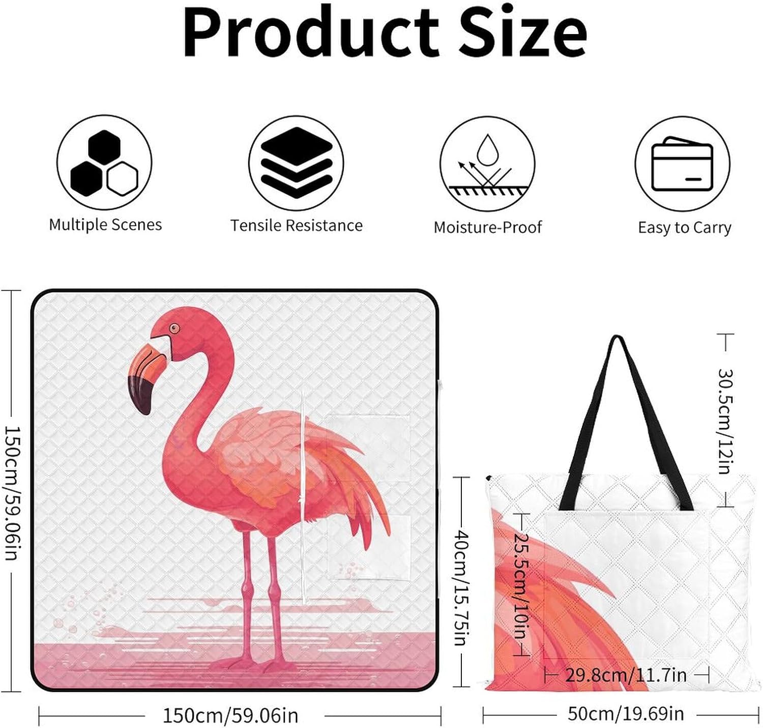 Cartoon Flamingo Picnic Blanket Zipper Style Waterproof Foldable Outdoor,Picnic Mat Foldable As A Shopping Bag for Ladies, Portable Outdoor Blanket for Camping