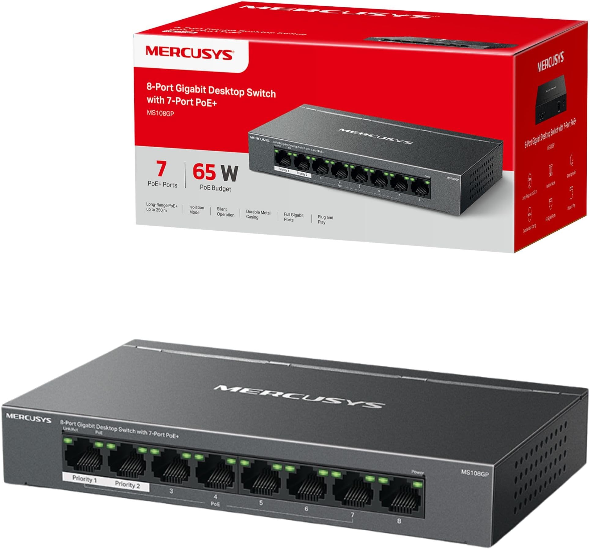 MERCUSYS - 8-Port Gigabit Computer Switch with 7-Port PoE+, 65W PoE, Support 802.3af/at PDs, Power Management, Metal Case, Plug & Play, No Configuration Required (MS108GP)