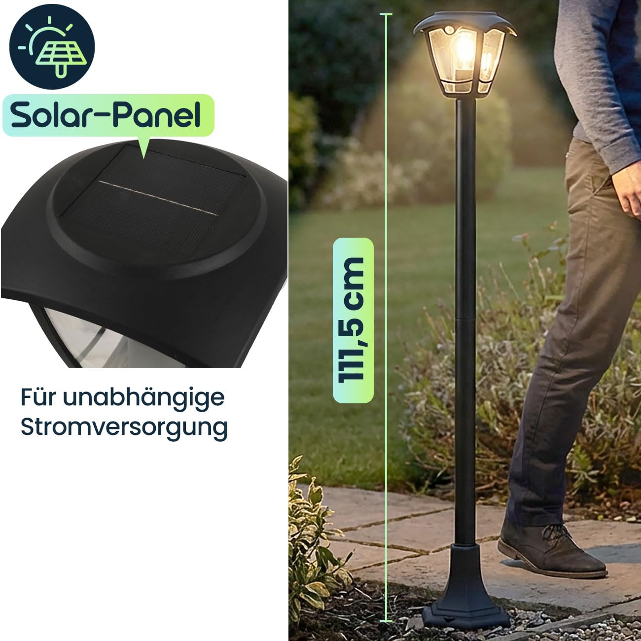 ideoon 2er-Set Solar-LED-Gartenlaterne mit PIR Bewegungssensor 90° & 6m Reichweite, IP44 Wasserfest, E27 Filament Lampe, 3 Modi, 111,5 cm, Aussenleuchte