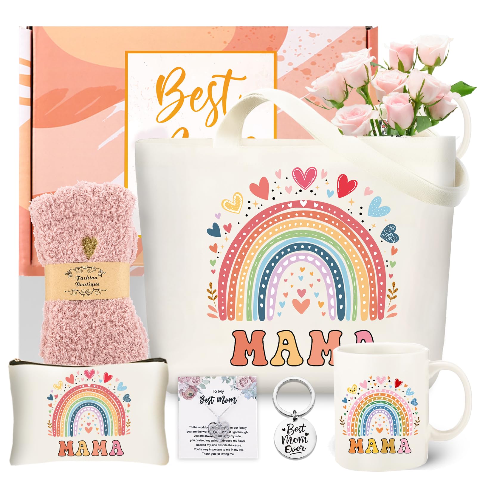 Birthday Gifts for Mom from Daughter, Christmas Gifts for Mama Canvas Tote Bag Presents for Mother Best Bonus Mom Gifts Set for Women Thank You Gifts with Mom Mug Necklace