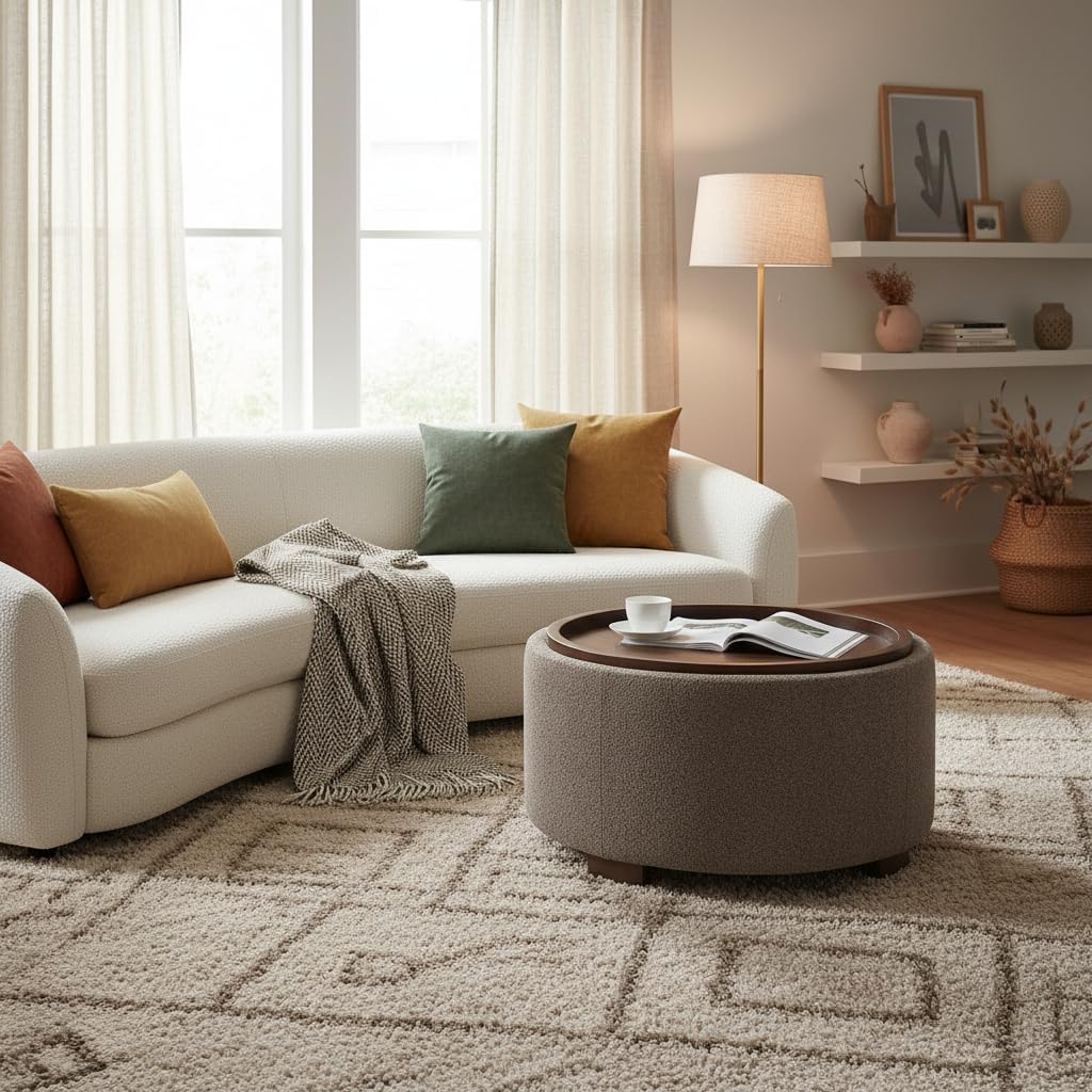 30 Inch Round Storage Ottoman Coffee Table, Modern Boucle Ottoman with Lift-Off Lid and Solid Wood Legs for Living Room, Bedroom, Corners, Apartments (Brown)