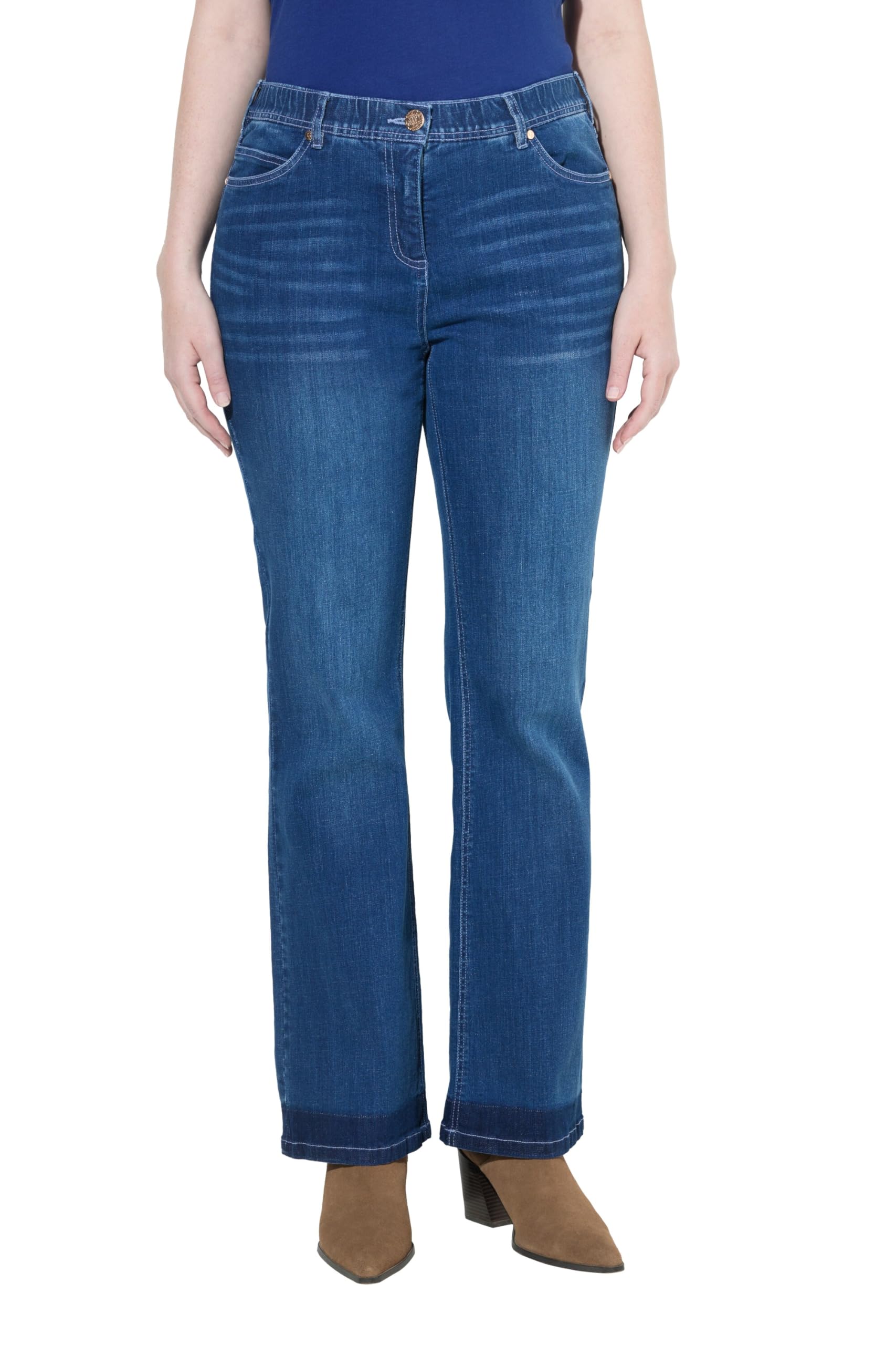 Ulla Popken Damen große Größen Übergrößen Plus Size Bootcut-Jeans Sarah, ausgestellt, Fransensaum, Stretchdenim 840795