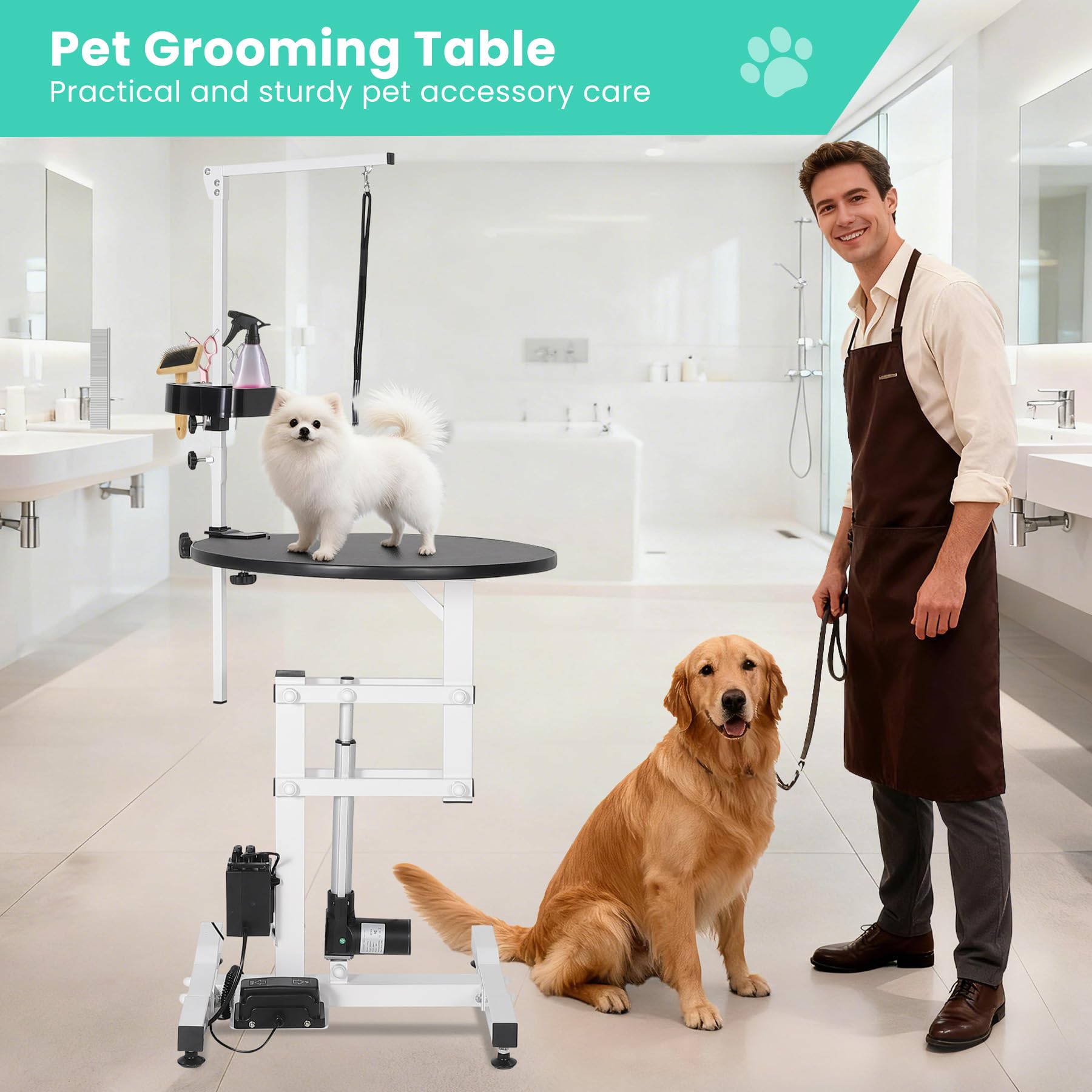 Tavolo elettrico per toelettatura cani da 61 cm, scrivania rotante per piccoli animali domestici, con braccio sopraelevato, telecomando a pedale, organizer per attrezzi, capacità 113,4 kg