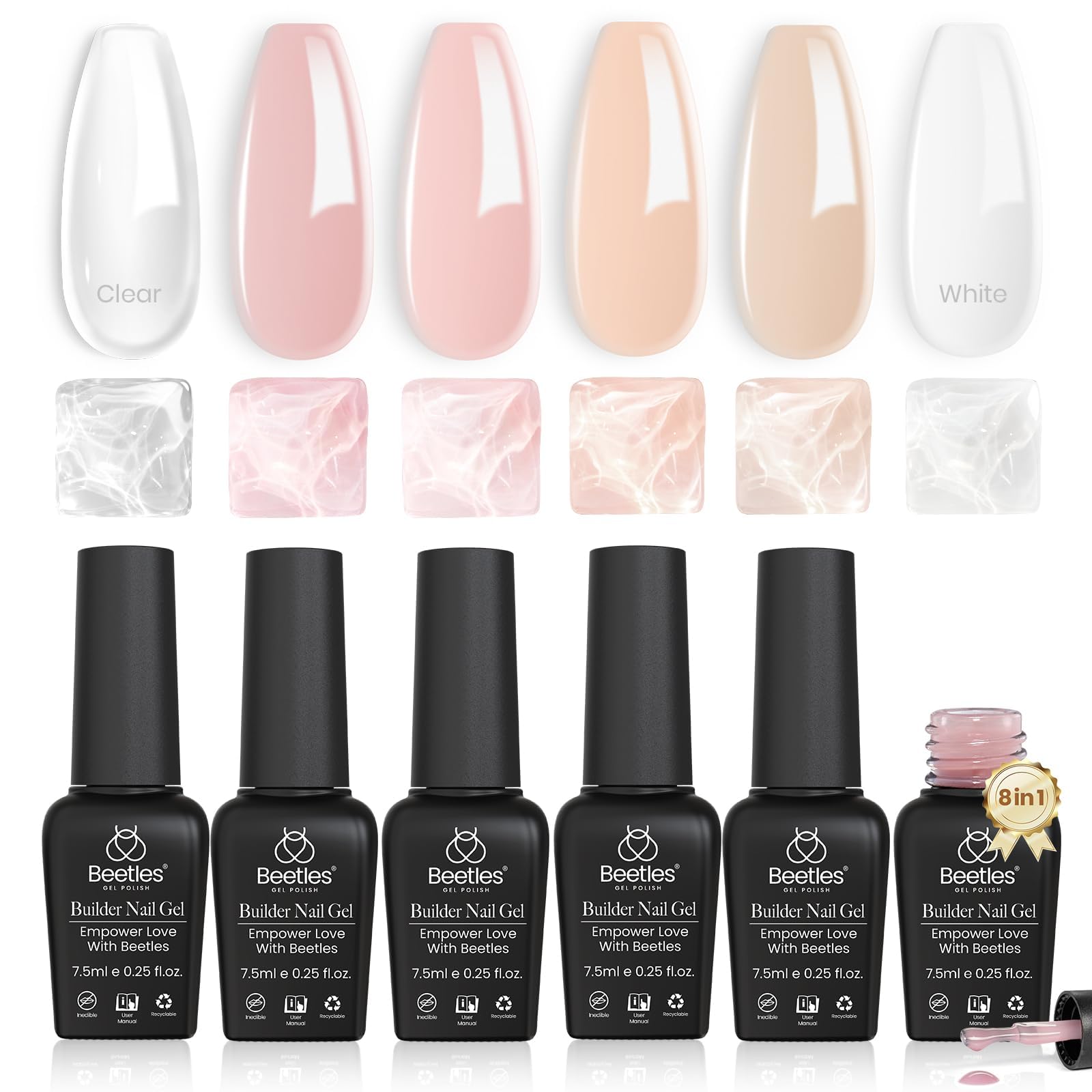 beetles Builder Gel 6 Colors 7 in 1 Strengthener Gel Clear Nude Pink Milky White Hard Gel Nail Extension Gel Rhinestone Gel Nail Glue Art Base Gel Needed