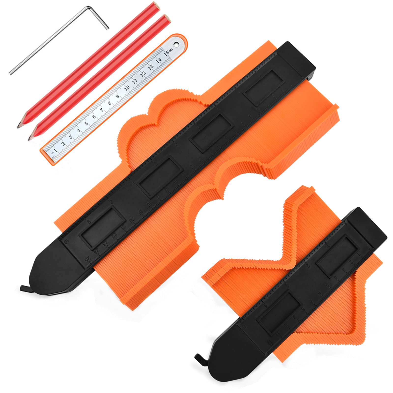 JUEMEL Contour Gauge with Lock, 5" and 10" Contour Duplications Gauge, Profile Shape Copy Tool, Instant Template for Curved Shapes, Corners and Contoured W/Steel Ruler and 2 Carpenter Pencils