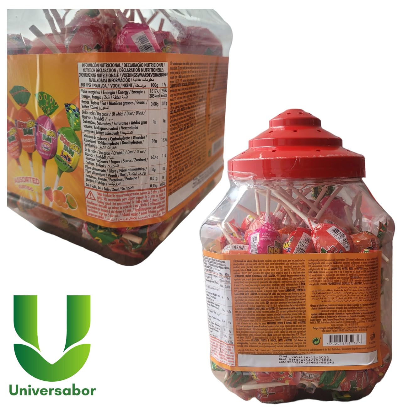 Tarro - Paquete de 100 Unidades - Colombina Bon Bon Bum - Paletas con centro de goma de mascar surtido, paletas de 4 sabores Lulo, fresa, fresa Roja y mandarina, Bote de 1700 gr. (100 unidades)