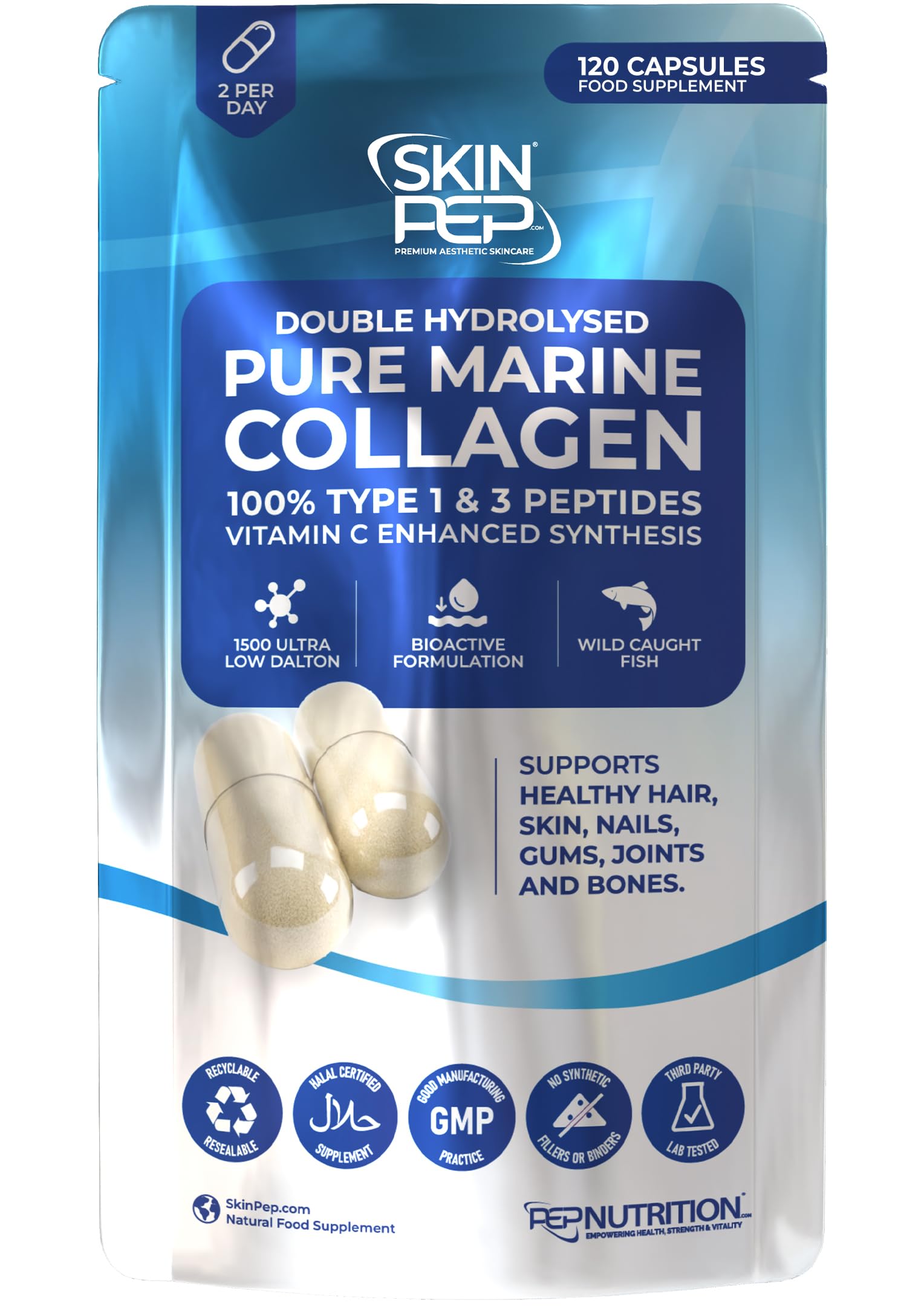 100% Pure Marine Collagen (120 Capsules) - 1270mg (Not Collagen Powder) - 2 Months Supply - Collagen Supplements for Women & Men Premium Double Hydrolysed Triple Filtered Type 1&3 Peptides by SkinPep