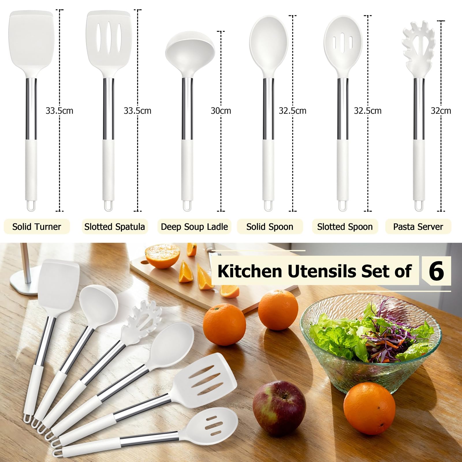 HaWare Kitchen Utensils Set, 6 Pcs Silicone White Cooking Utensils Include Ladle Turner Spoon Pasta Server - Image 2