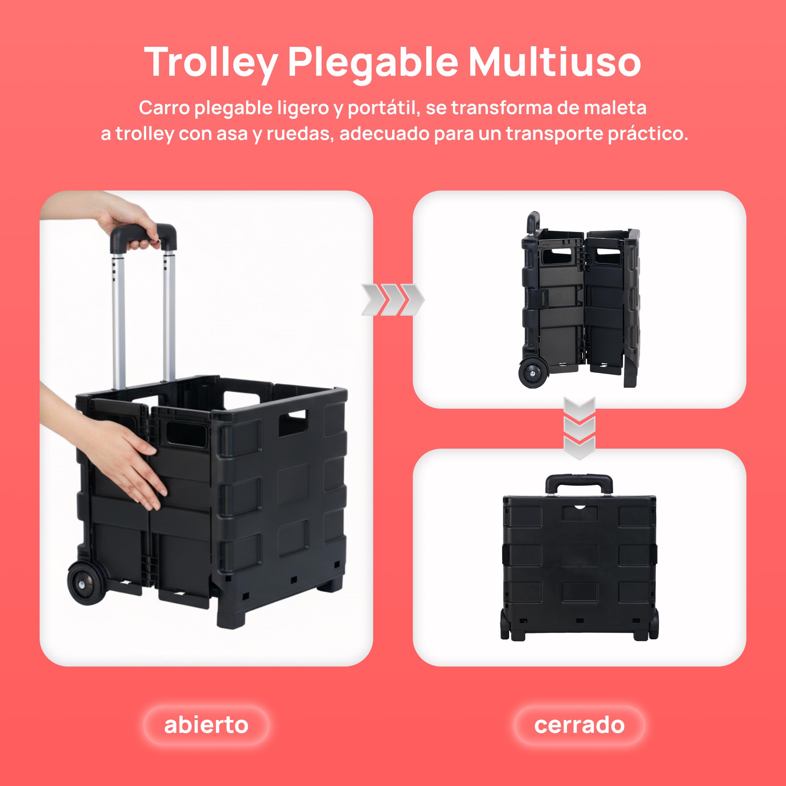 KOMBO - Carrito Trolley Plegable Multiuso con Ruedas y Mango Telescópico Extensible 38x83,5x33 cm – Caja Rígida de Plástico Plegable
