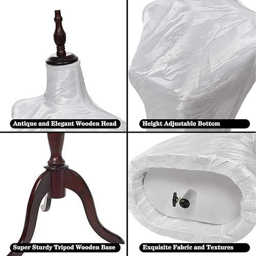 Miniatura 5 de KTMANEQ Torso de maniquí femenino ajustable con soporte, forma de vestido pinable para costura y exhibición de ropa (blanco, seda)