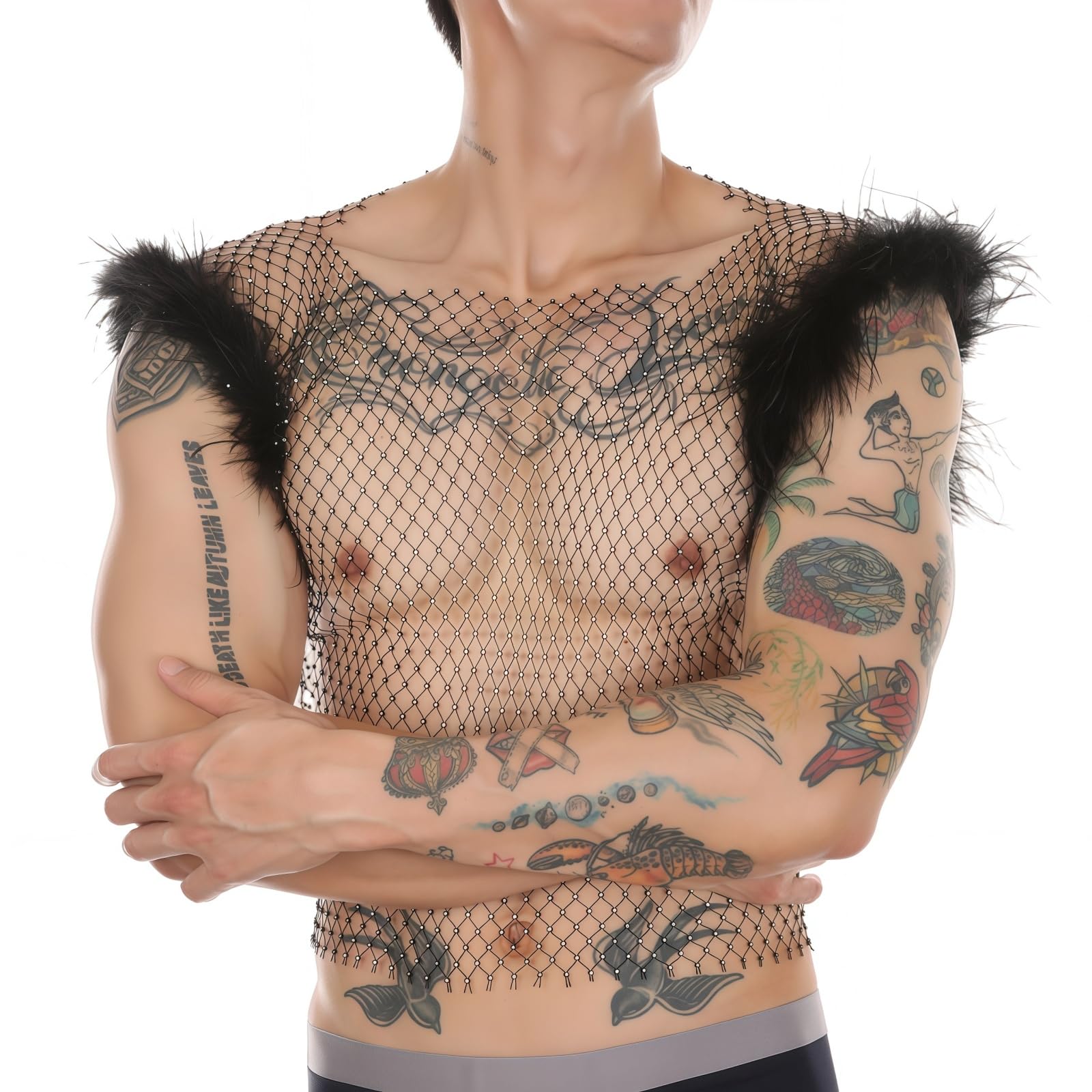 Men's Rhinestone Tank Top, Sexy Sheer Mesh Feather See Through Fishnet Vest, Sparkly Sissy Sleeveless Glitter Short Shirt, Black Hollow Out Muscle Blouses for Novelty Party Clubwear Festivals Rave