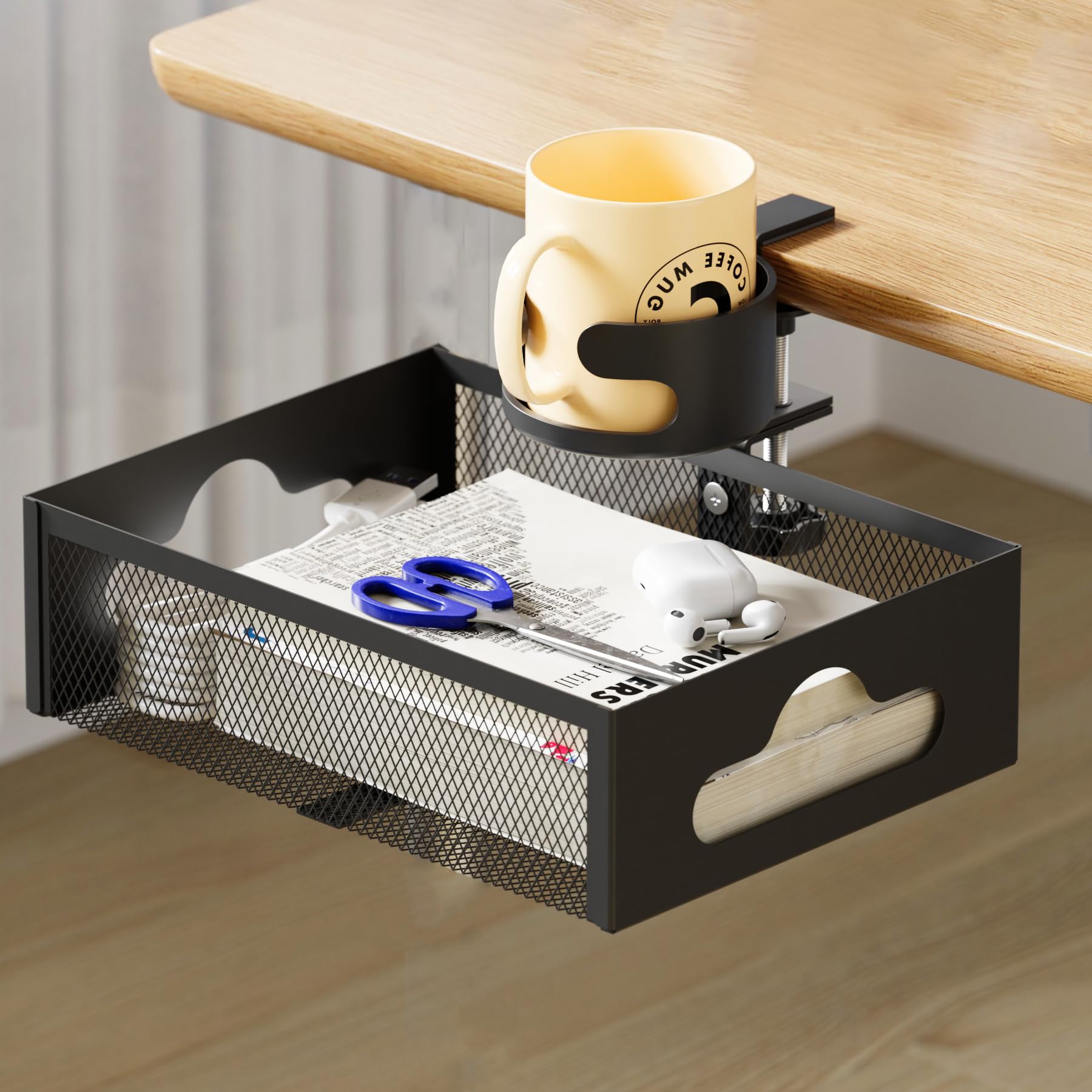 Under Desk Drawer(10.3x7.6) with Cup Holder(3.3") - 360° Rotating Metal Mesh Organizer - No Drill Installation - Holds 6lbs - Perfect for Office/Home/School