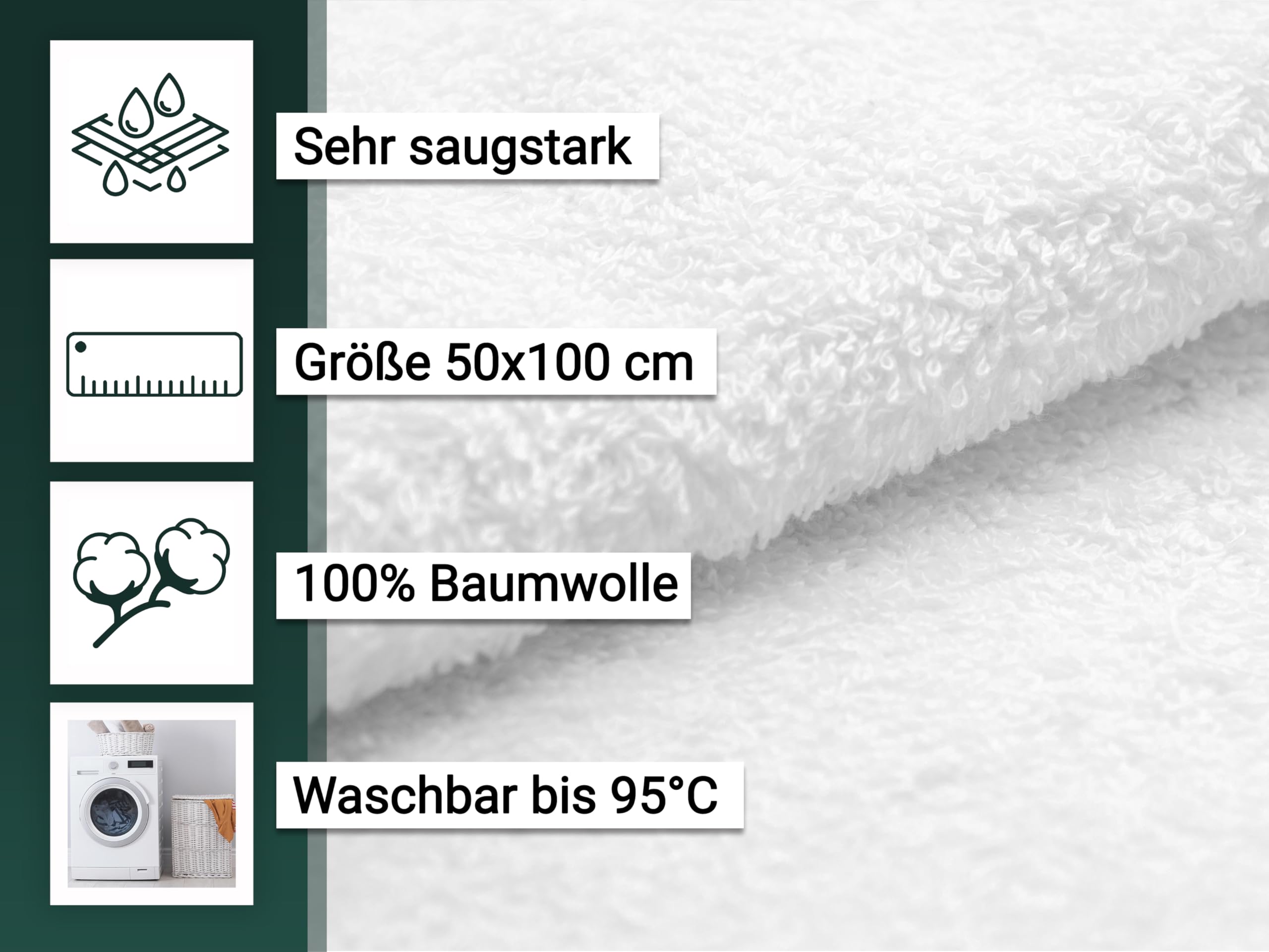 ZOLLNER 10er Set Handtücher in 50x100 cm - Flauschige und saugstarke Baumwolltücher in weiß - mit praktischem Aufhänger - waschbar bis 95°C - Baumwolle - Hotelqualität