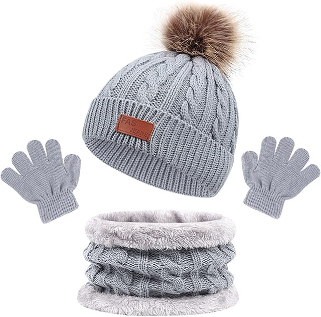Jagowa 1 Set 3 Pcs Winter Beanie Hat Scarf Gloves Set for Kids