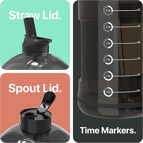 Miniatura 3 de Hydro Gallon 1 botella  Botella de agua de 1 galón con tapa de pajilla, tapa de pico de boquilla, asa, marcador de tiempo motivacional. Ingesta