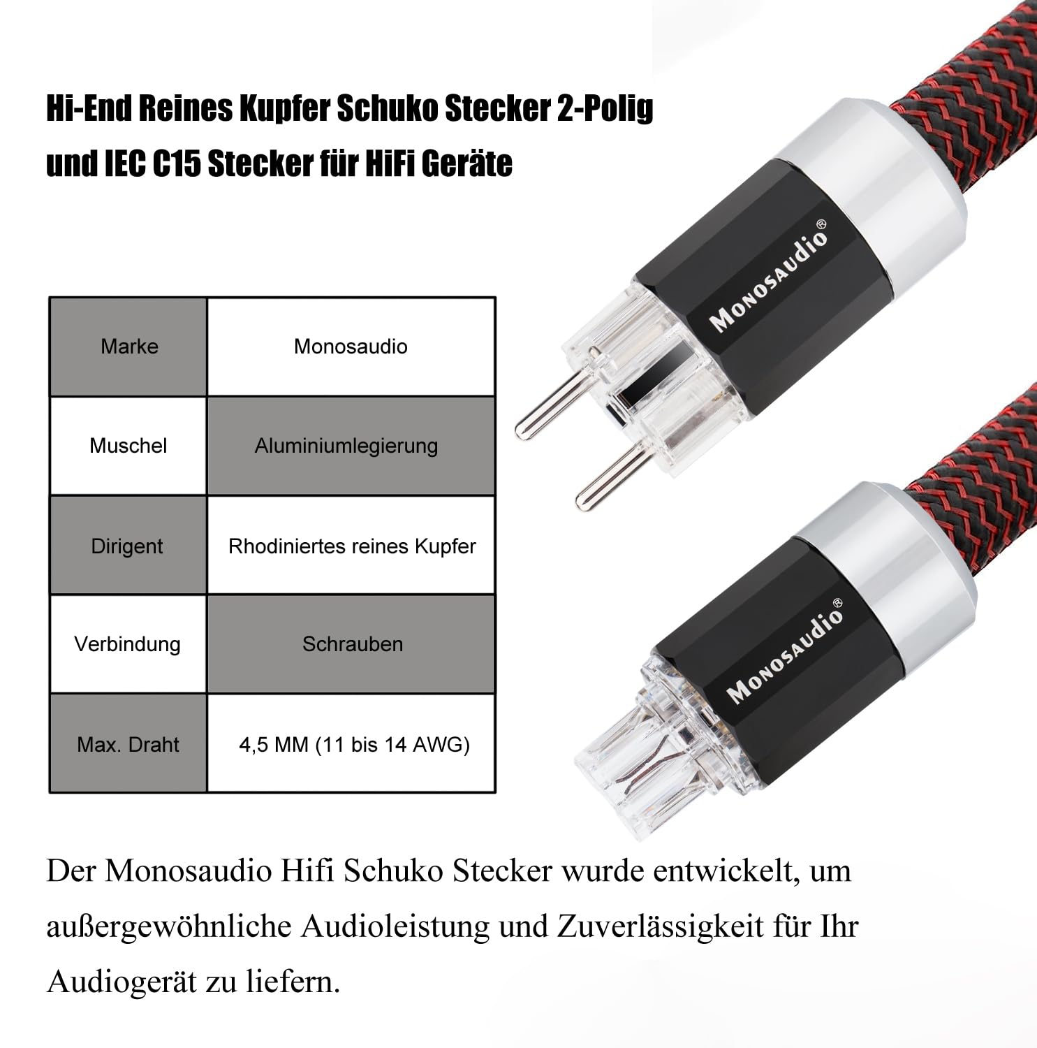Monosaudio Paar HiFi Schukostecker & IEC C15 Anschluss High-End Kaltgeräte-Stecker Buchse Steckdose 16A 250V Audiophiler Netzstecker Kupplung Rhodiniert E109R/F109R